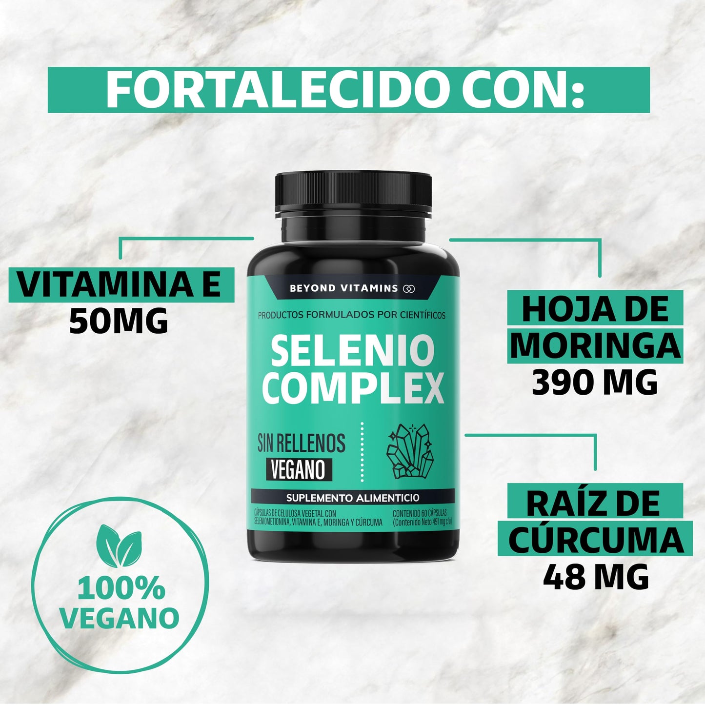Cápsulas Selenio Seleniometionina Veganas con Vitamina E, Moringa y Raíz de Cúrcuma