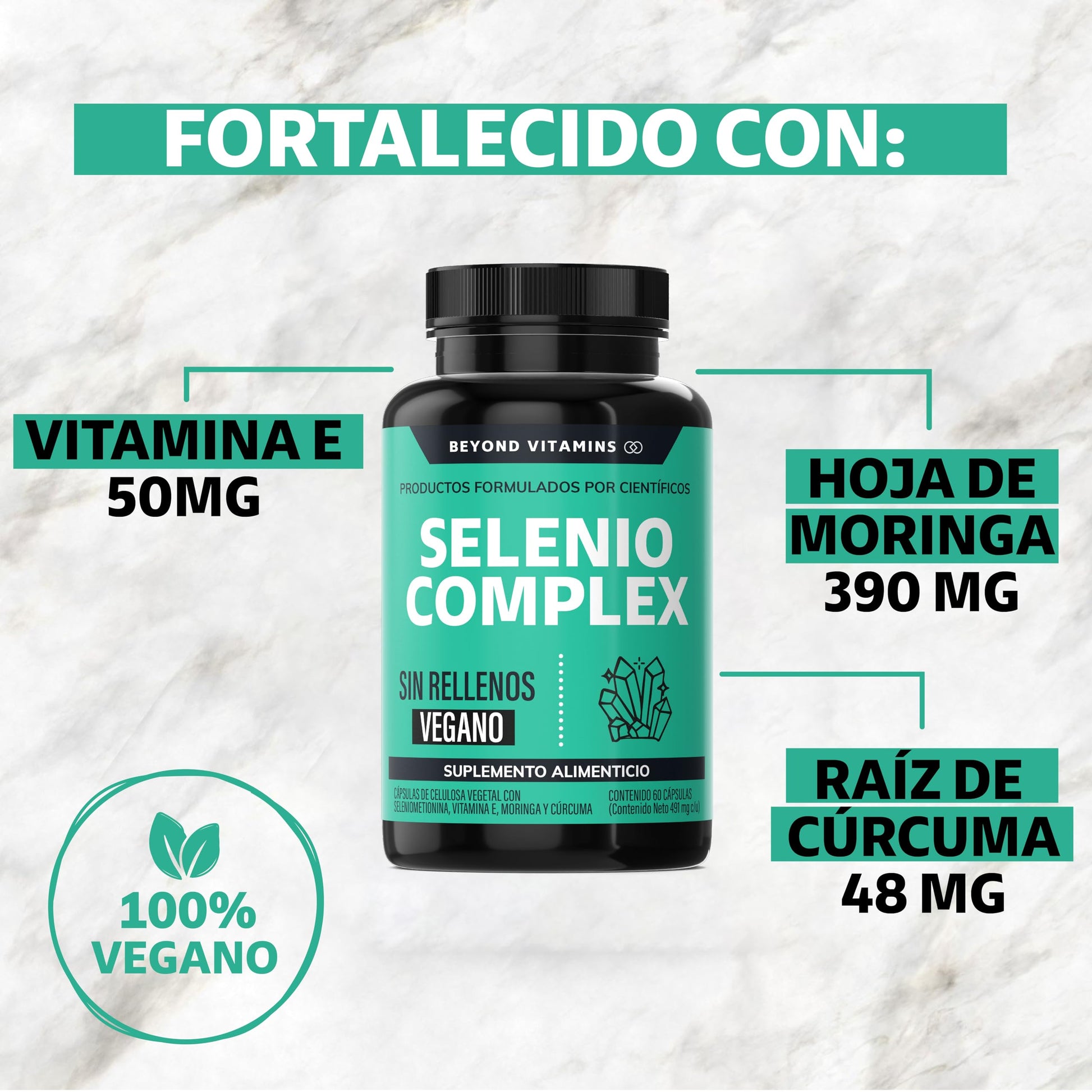 Cápsulas Selenio Seleniometionina Veganas con Vitamina E, Moringa y Raíz de Cúrcuma