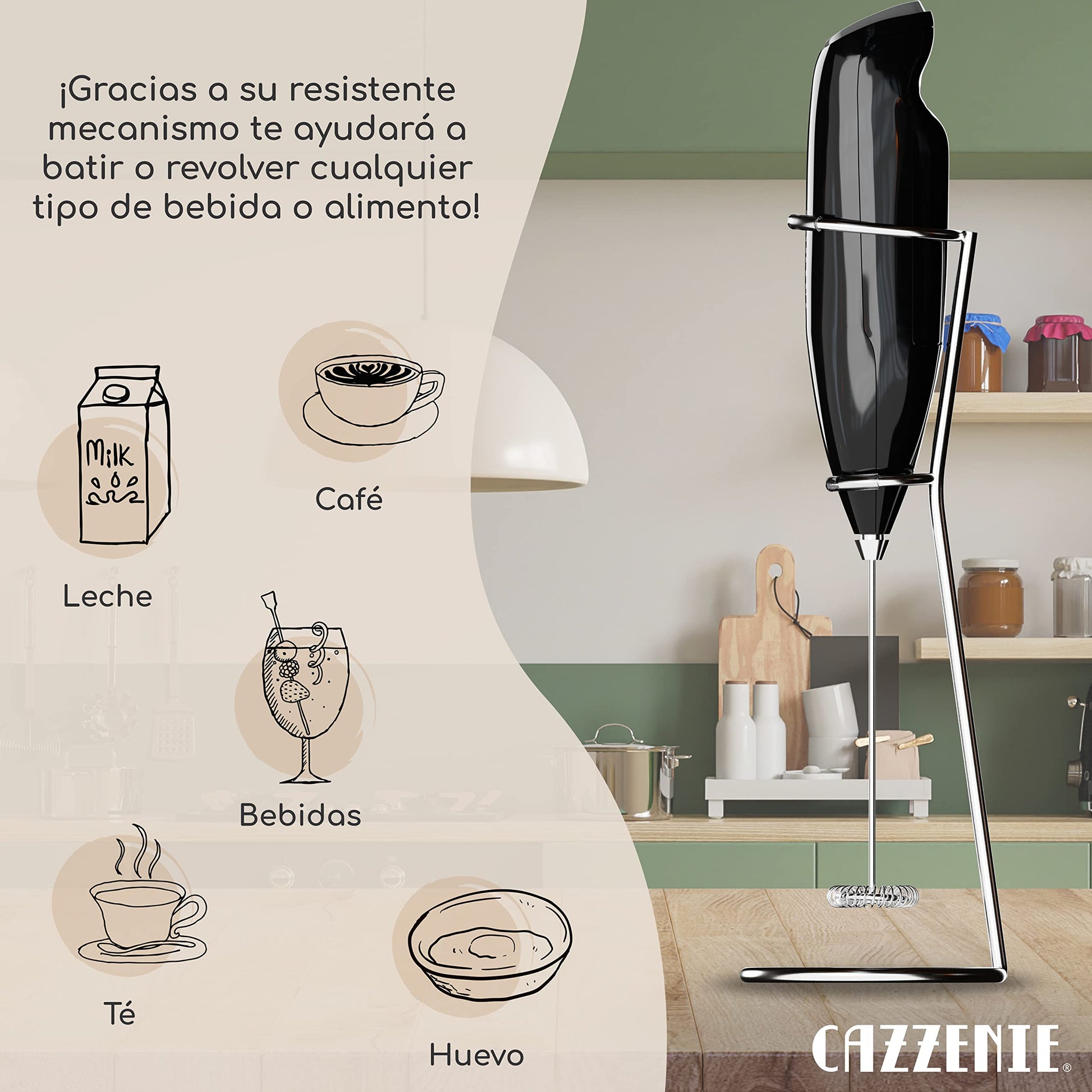 Cazzenie Espumador de Leche eléctrico con batidor y base. Batidor Premium de mano para café, capuchino o cócteles. Batidor de huevo o para tipo de bebidas en vaso o taza. Barista. Milk Frother