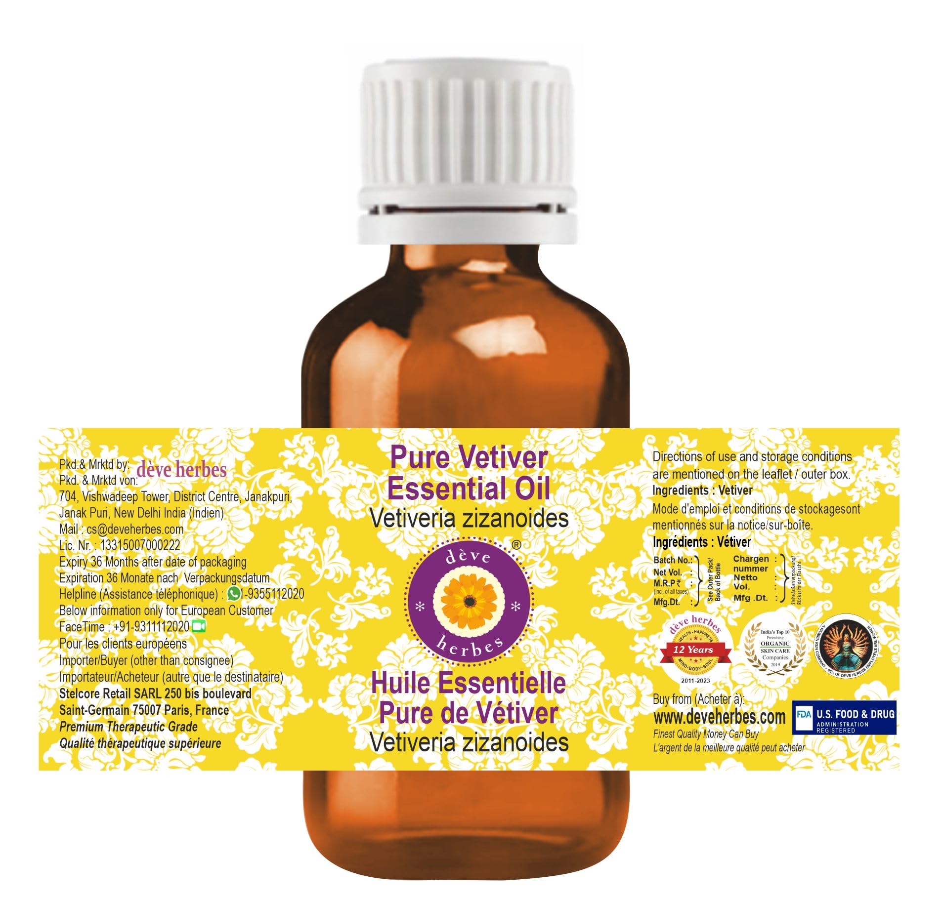 Deve Herbes Aceite esencial puro vetiver (Vetiveria zizanoides) 100% natural grado terapéutico vapor 5 ml