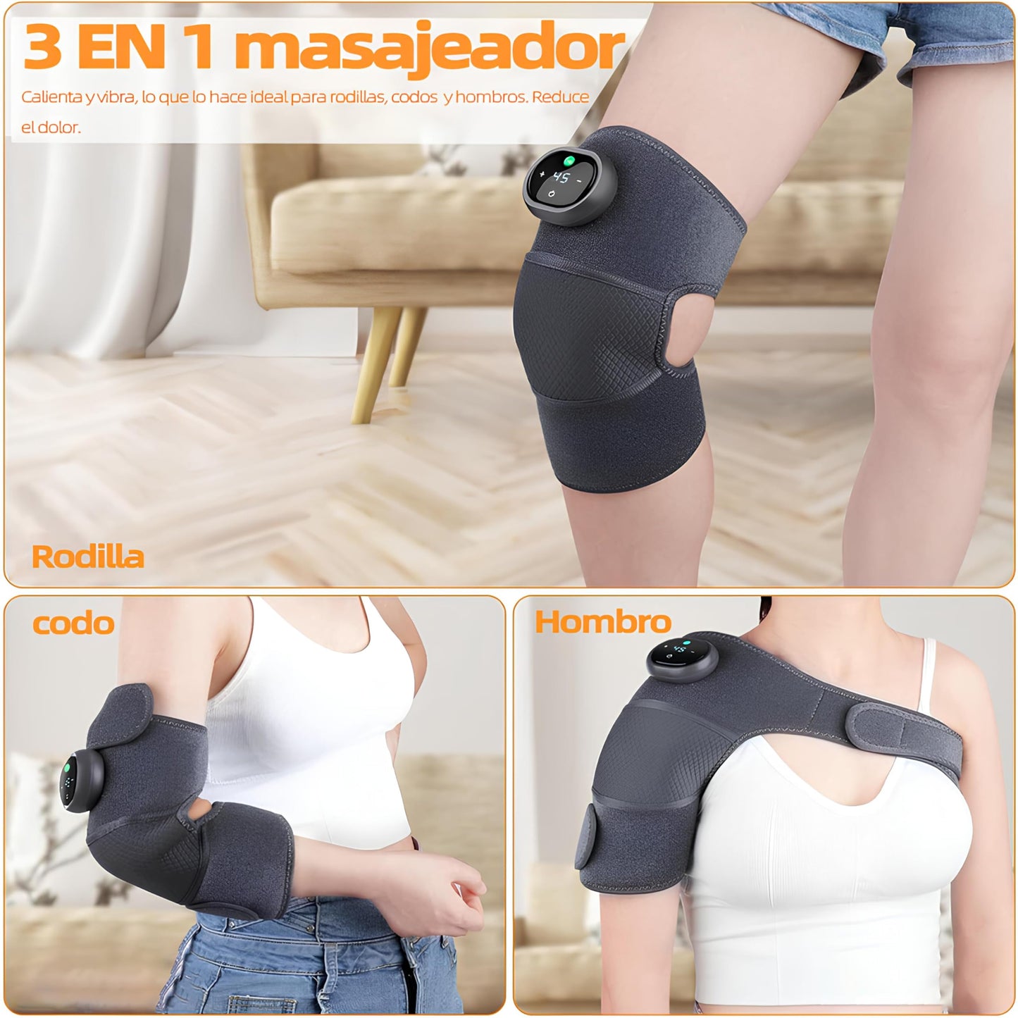 Masajeador de Rodilla 3en1 Calentado Recargable Vibración y Calor Ajustable para Artritis y Dolor