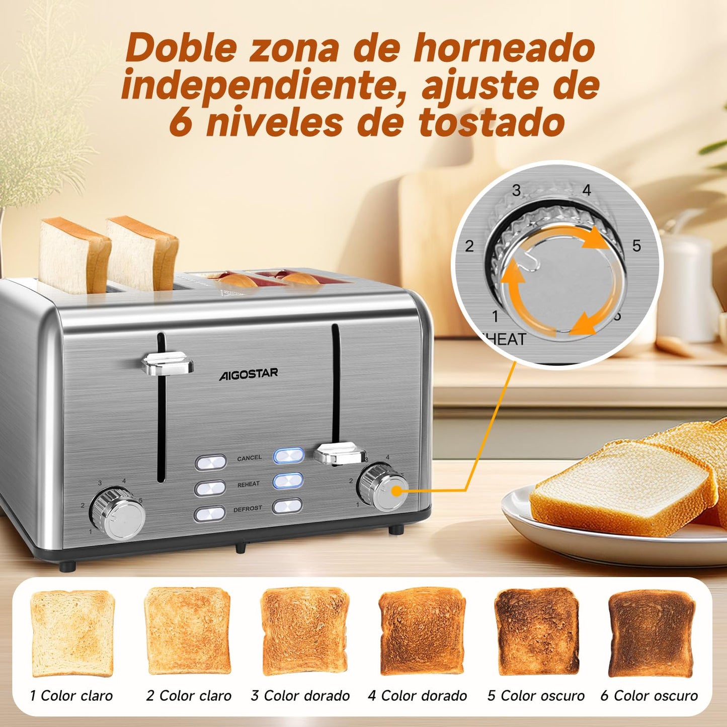 Aigostar Tostadora de Acero Inoxidable, 4 Rebanadas, Ranuras Extra Anchas, 6 Niveles de Tostado, Funciones de Cancelación/Descongelación/Recalentamiento/Bagel, Bandeja de Migas Extraíble