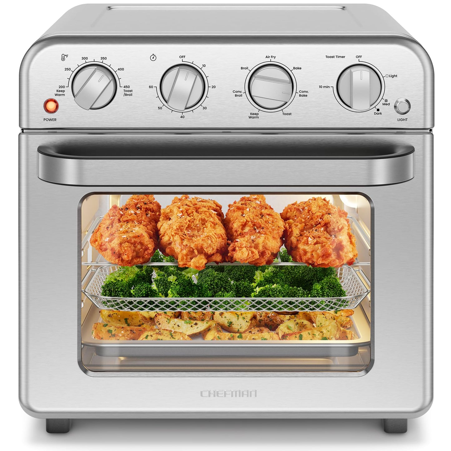 Chefman Combo de horno tostador de freidora de aire, 7 en 1, horno de convección extra grande de 18 L, cocinar una pizza de 10 pulgadas, temporizador integrado, apagado automático, acero inoxidable