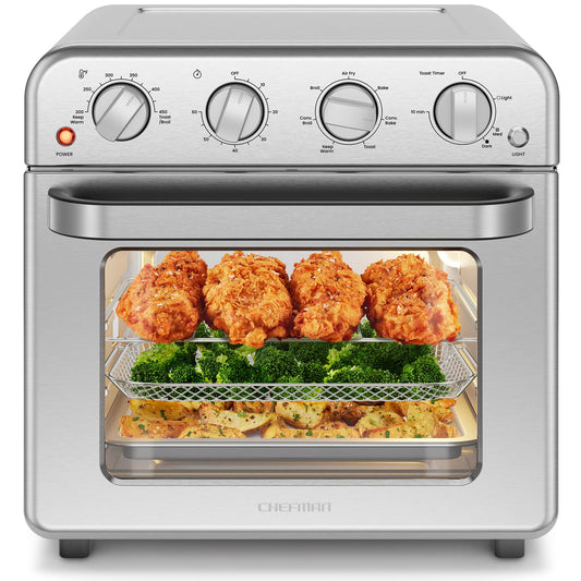 Chefman Combo de horno tostador de freidora de aire, 7 en 1, horno de convección extra grande de 18 L, cocinar una pizza de 10 pulgadas, temporizador integrado, apagado automático, acero inoxidable