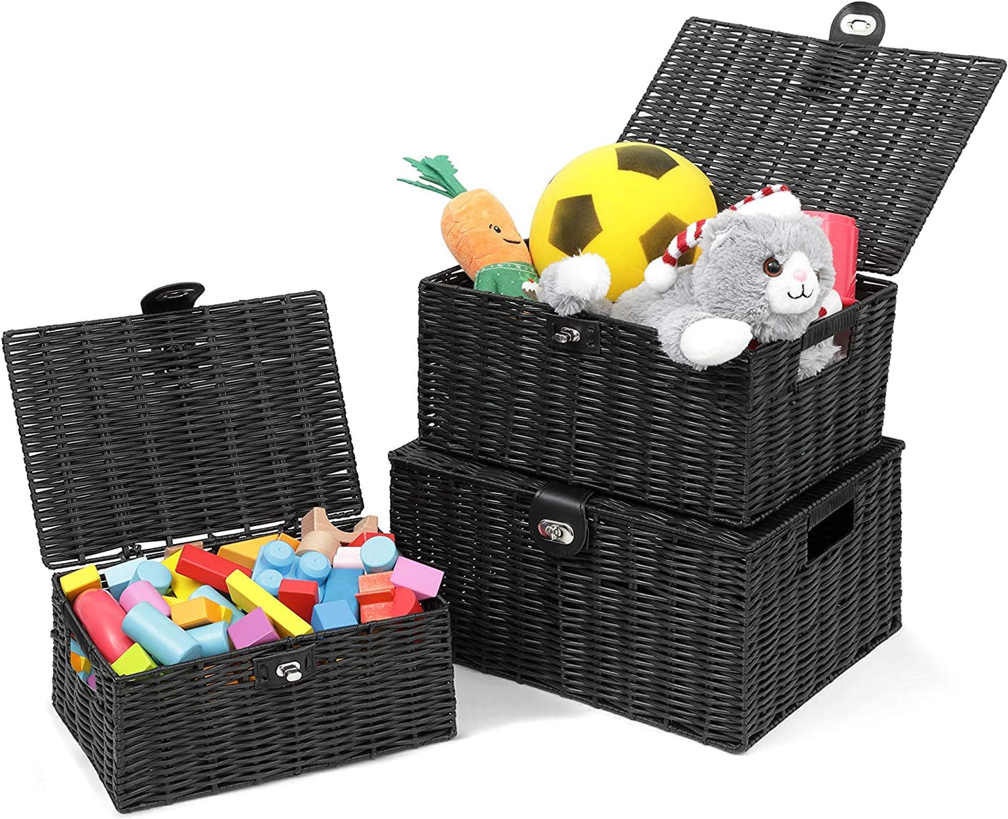 Honygebia - Juego de 3 cestas de almacenamiento de mimbre negro - Cajas decorativas con tapas, cesta tejida con cerradura y asa, organizador para maquillaje, belleza, decoración de baño