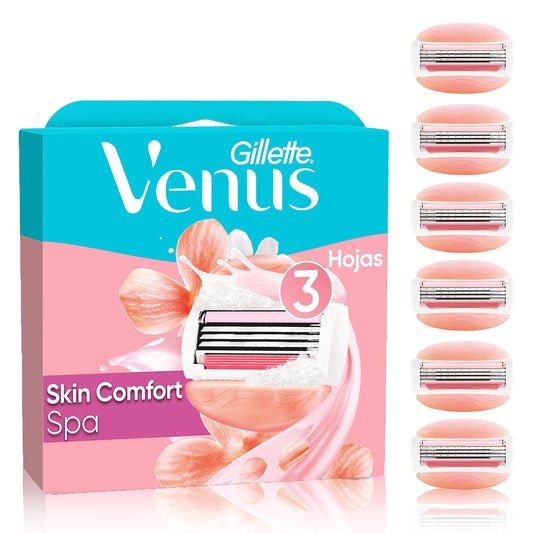 GILLETTE Venus Spa, Cartucho de Rastrillo para Mujer, 6 Repuestos para Rastrillo Venus con Barras Humectantes y 3 Hojas, Depilación Corporal