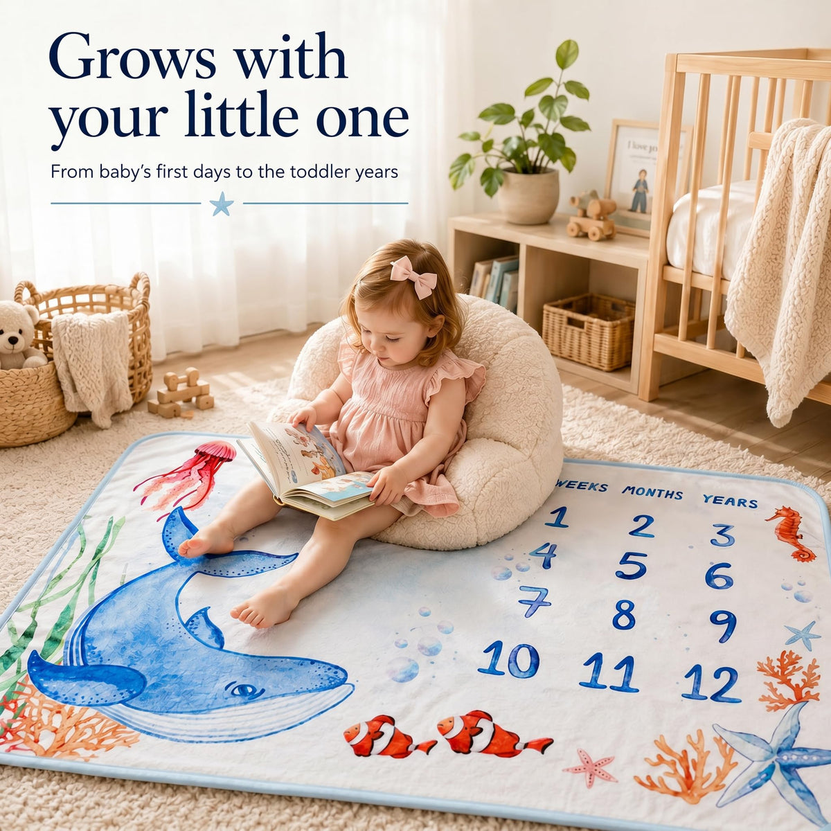 InnerSafe - Manta de hitos para bebé, diseño original, manta mensual de hitos para bebé, para niño y niña, manta de accesorios para fotografía de bebé, 152 x 102 cm, Mundo Oceánico