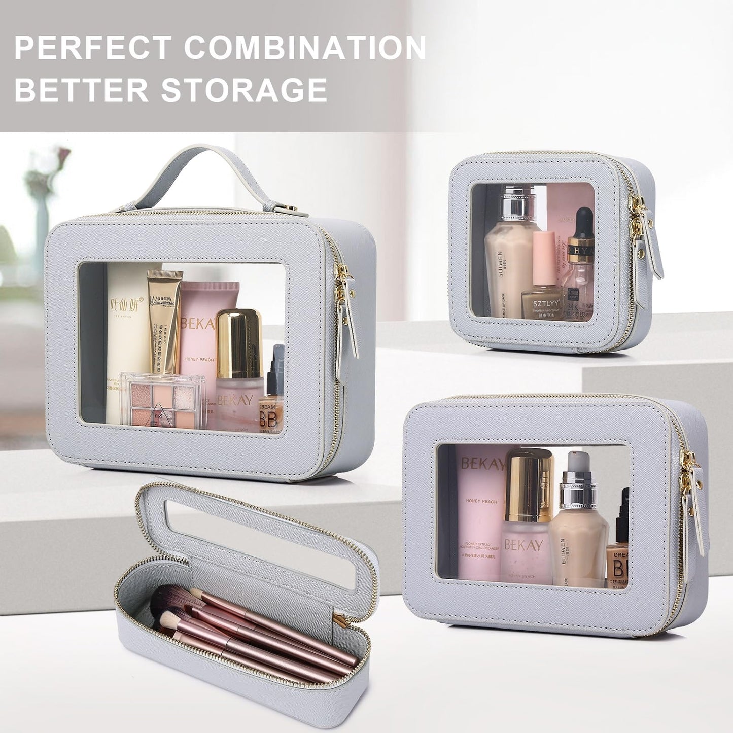 Pinkmik - Bolsa de maquillaje transparente para cosméticos y artículos de cambiador para mujer, bolsa de cepillo para polvo transparente con cierre (F/gris, M+MINI), F/Gray, M+MINI, Bolsa de