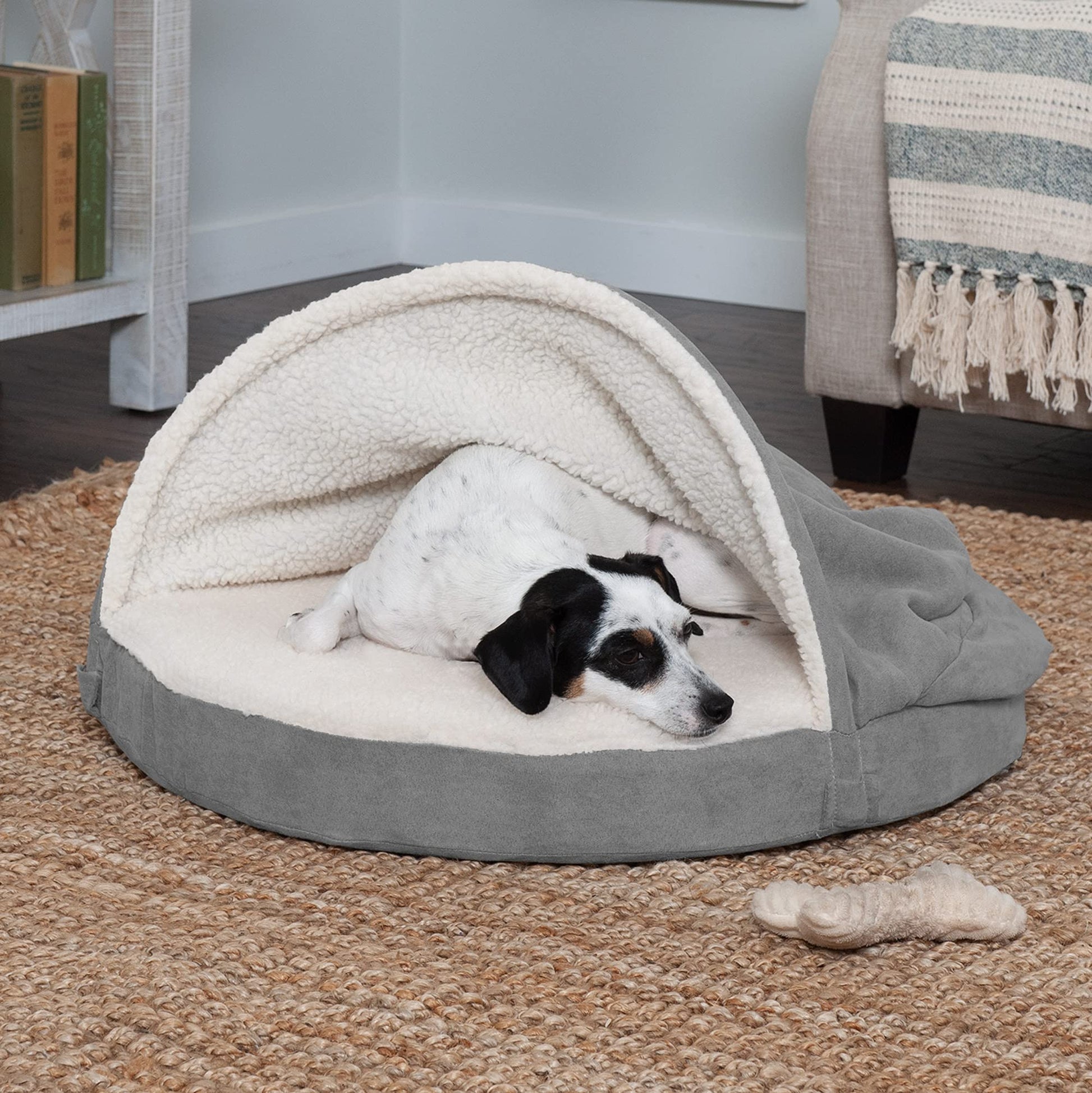 Furhaven Cama para Mascotas para Perros y Gatos, Manta de Sherpa y Gamuza, Cama ortopédica Redonda para Perros, Funda extraíble Lavable a máquina, Gris, 26 Pulgadas