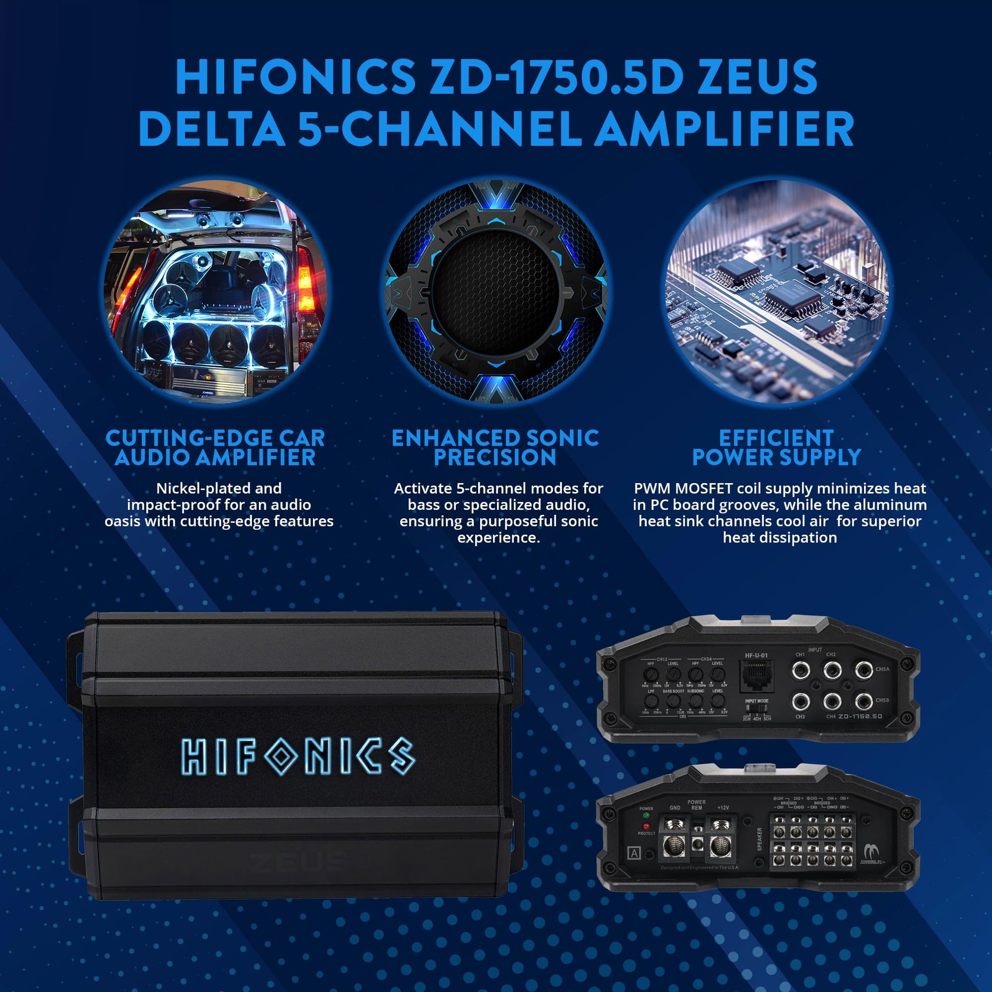 Hifonics Zeus Delta ZD-1750.5D - Amplificador de audio para coche compacto de 5 canales niquelado con función de encendido automático, color negro