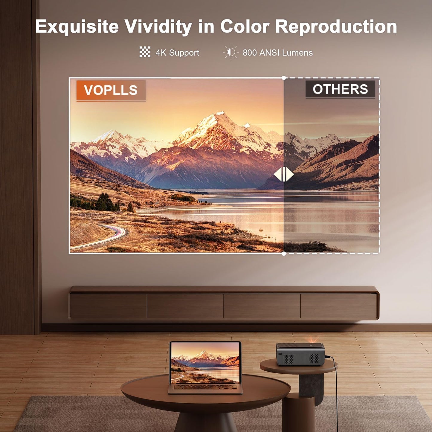 [Aplicaciones integradas y enfoque automático/piedra clave] Proyector inteligente con WiFi y Bluetooth, VOPLLS 1500 ANSI 4K proyector al aire última intervensión, proyector inalámbrico portátil para