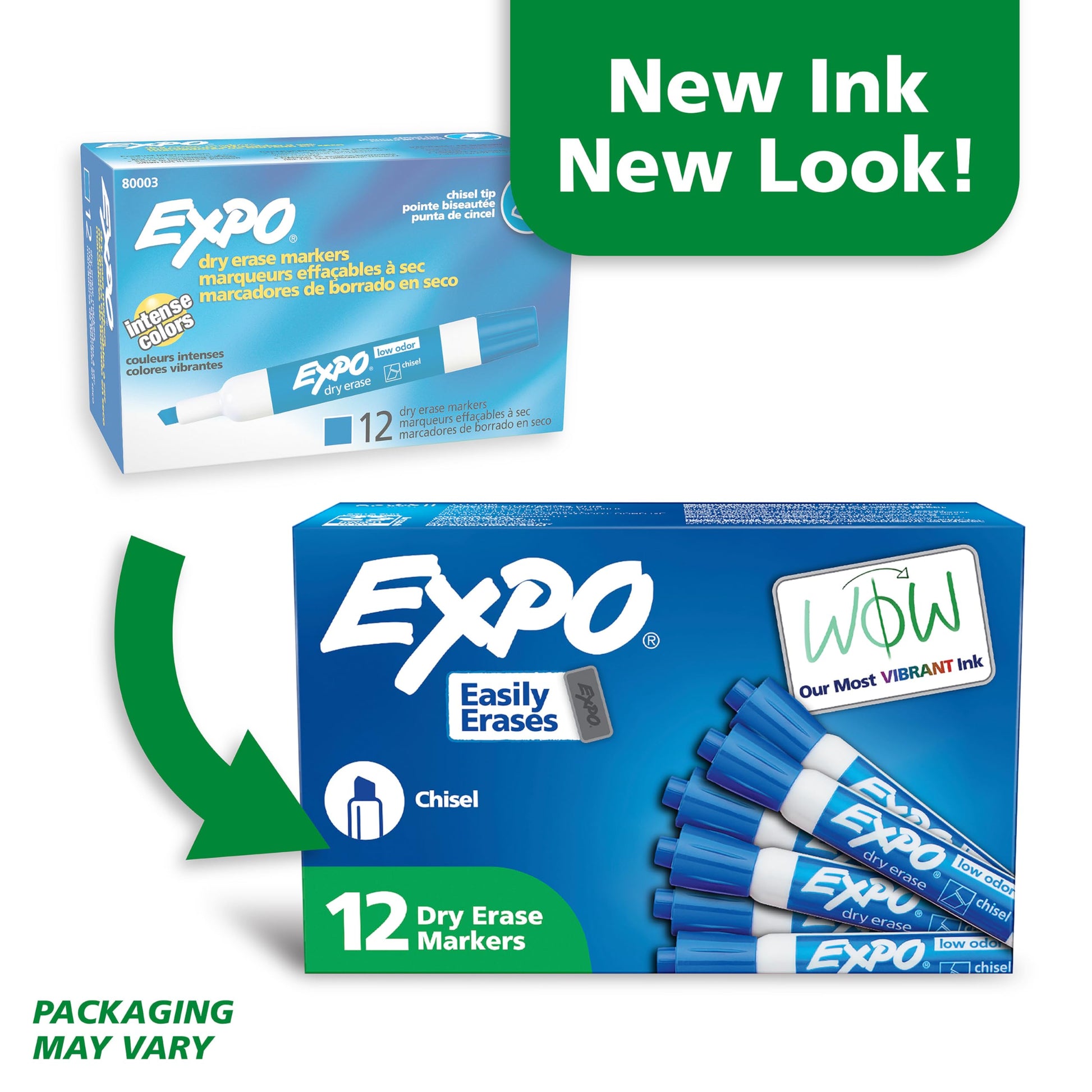 Expo Marcadores de borrado en seco con poco olor., Cincel, Azul, 12-Count