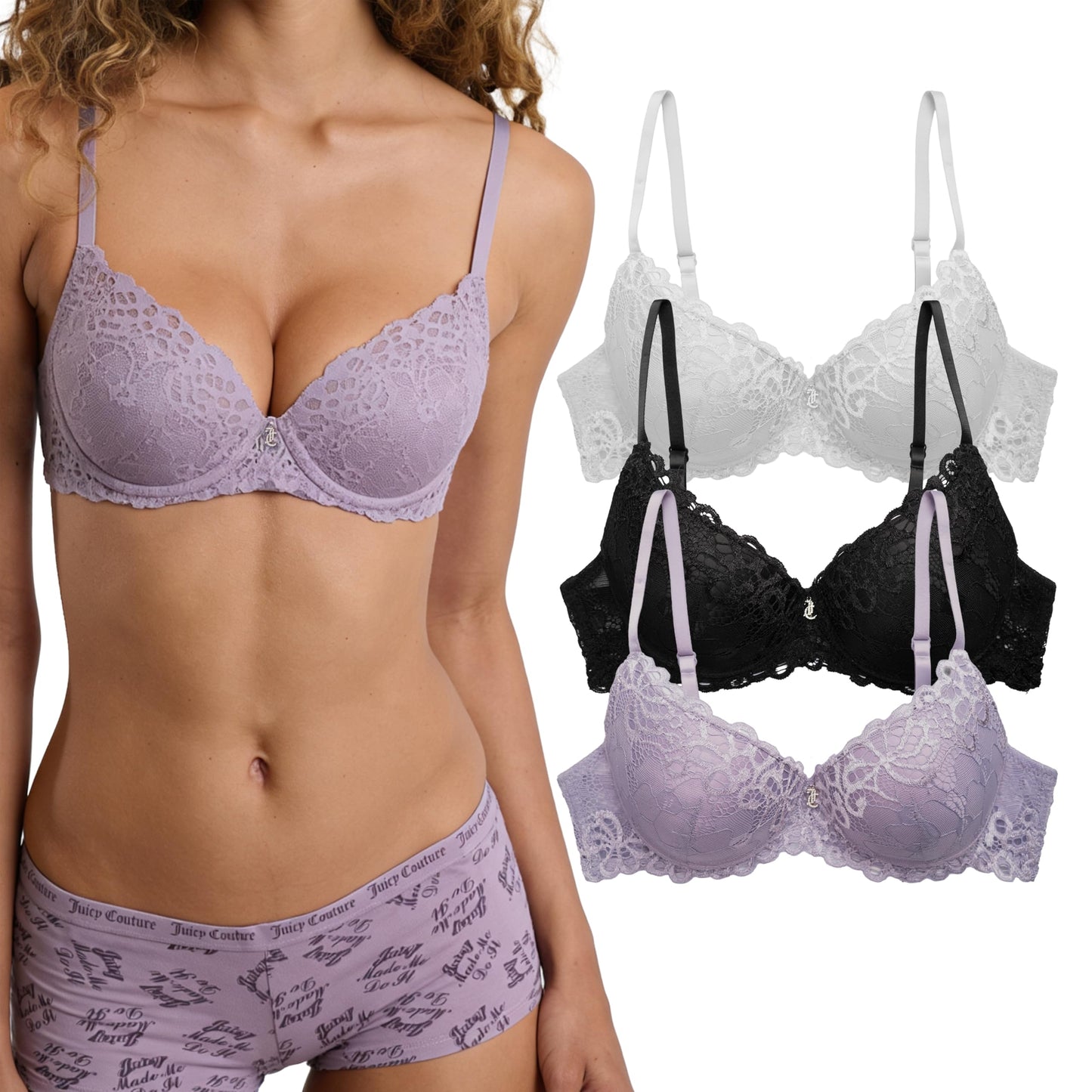 Juicy Couture Conjunto de 3 sujetadores de encaje con efecto push-up extremo para mujer (rosa flamenco/rosa/negro, talla 38C)