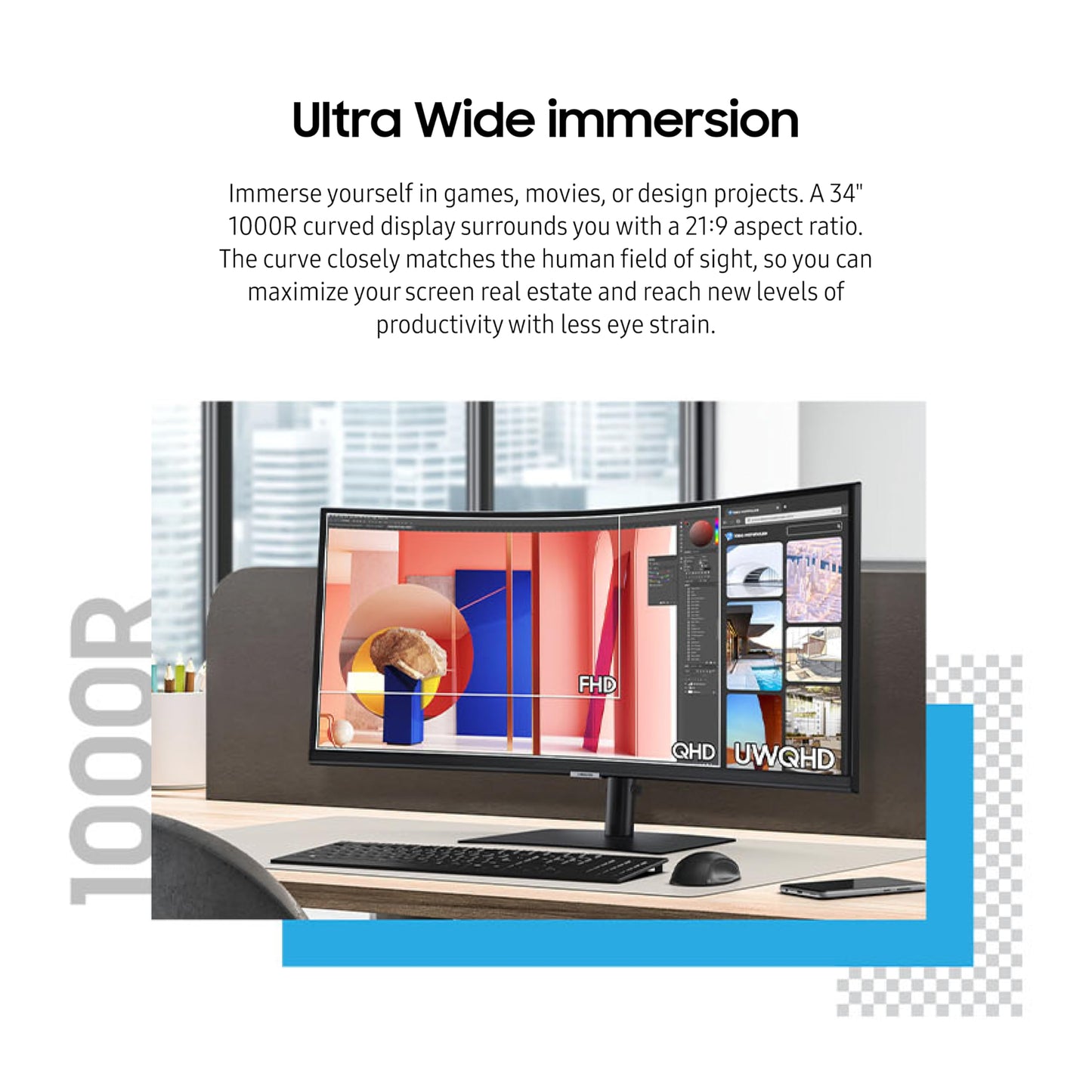 SAMSUNG Monitor de computadora curvado ViewFinity S65VC Series Ultra-WQHD de 34 pulgadas, 100Hz, AMD FreeSync, HDR10, USB-C, altavoz incorporado, cámara, interruptor KVM, cuidado de los ojos, embalaje