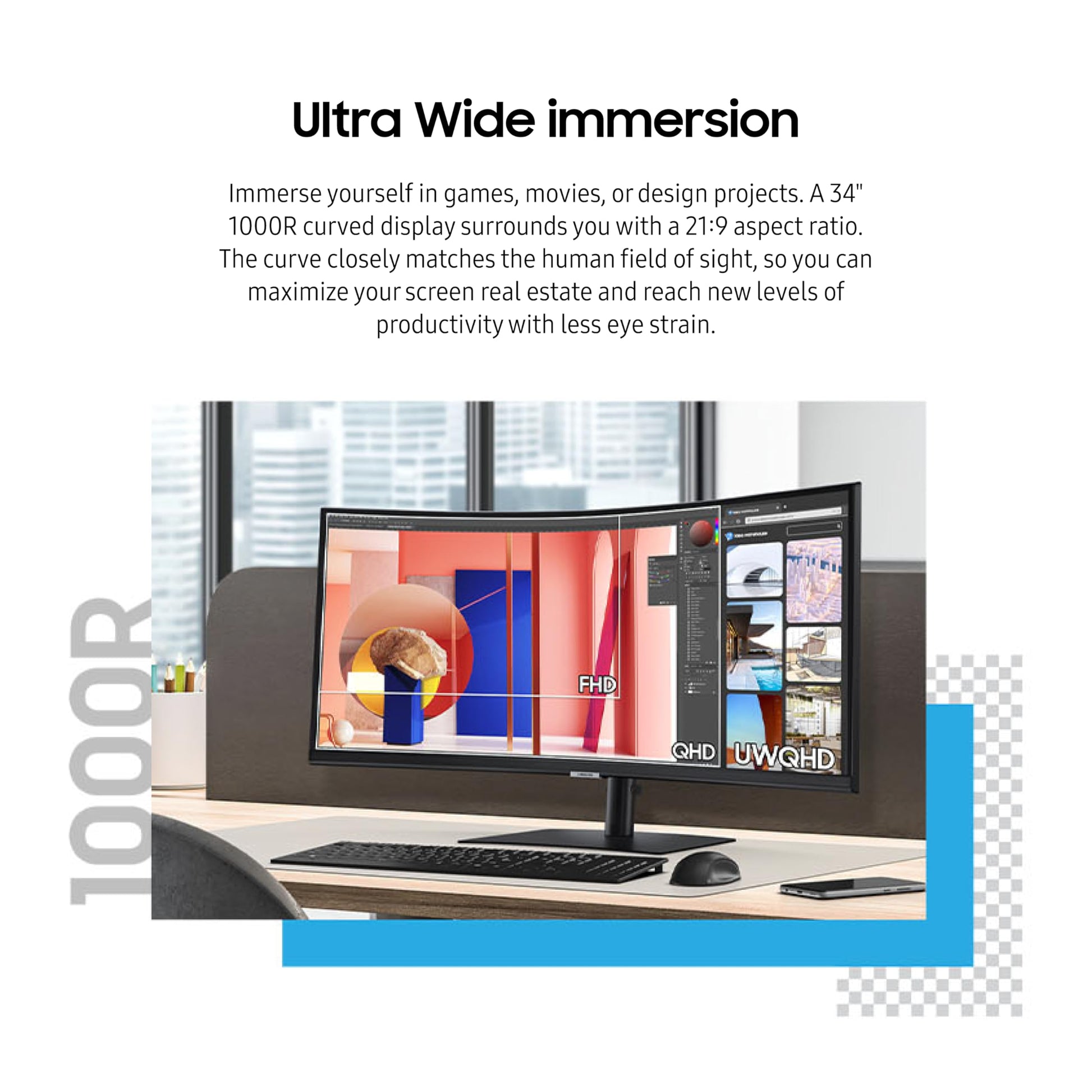 SAMSUNG Monitor de computadora curvado ViewFinity S65VC Series Ultra-WQHD de 34 pulgadas, 100Hz, AMD FreeSync, HDR10, USB-C, altavoz incorporado, cámara, interruptor KVM, cuidado de los ojos, embalaje