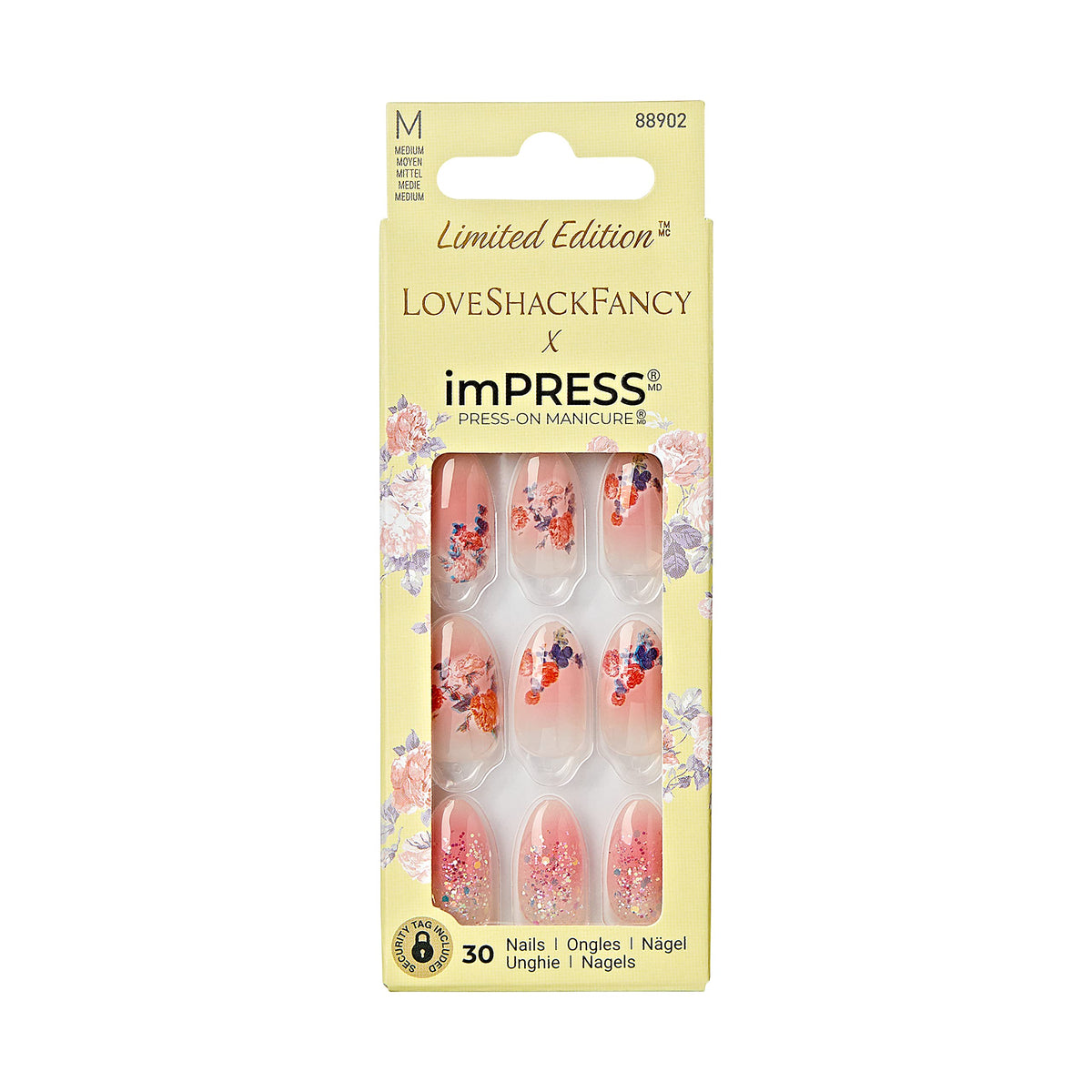 KISS LoveShackFancy x IMPRESS Press-On Manicure Limited Edition, Style /''Citrus Candy/'' Medium Almond Pink Press-On Nails, Includes Prep Pad, Mini Nail File, Cuticle Stick, & 30 Fake Nails