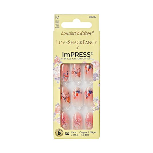 KISS LoveShackFancy x IMPRESS Press-On Manicure Limited Edition, Style /''Citrus Candy/'' Medium Almond Pink Press-On Nails, Includes Prep Pad, Mini Nail File, Cuticle Stick, & 30 Fake Nails