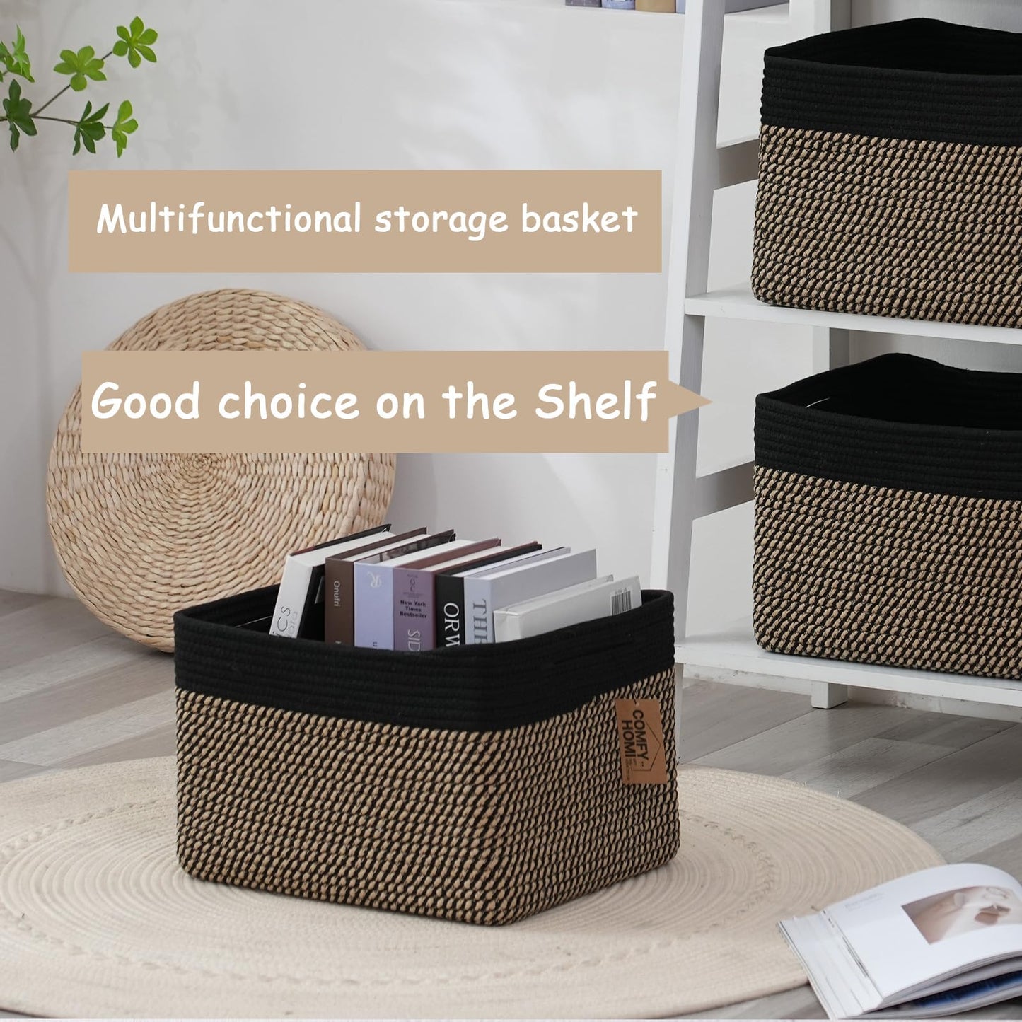 COMFY-HOMI Cesta tejida de cuerda de algodón con asas para estantes, juguetes, libros, cestas de almacenamiento de tela para organizar, organizador decorativo de juguetes de 13.5 x 11 x 9.5 pulgadas,