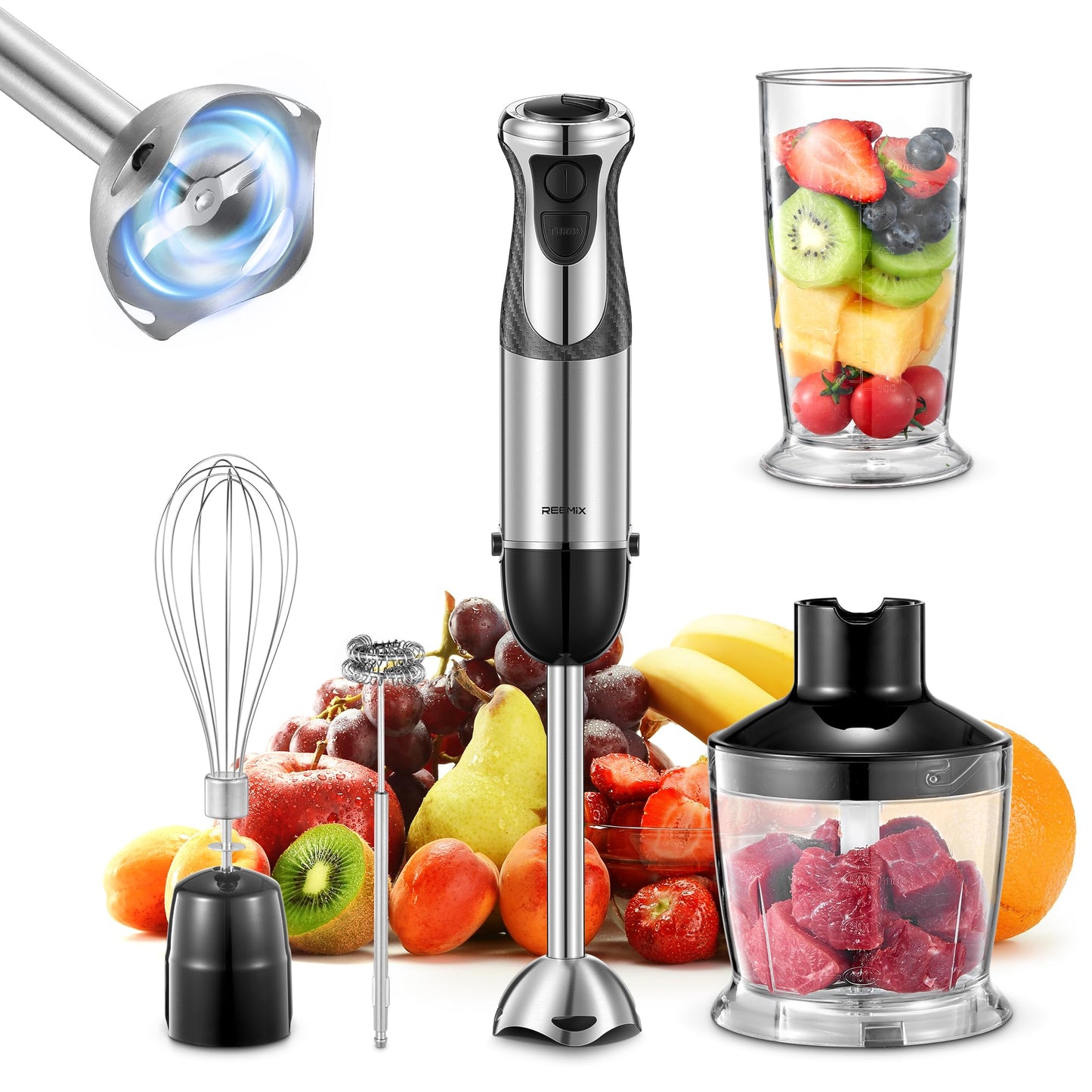 Licuadora de inmersión manual 5 en 1, de mano de 1000 W, con motor de cobre, barra de hoja de acero inoxidable, vaso de mezcla, procesador de alimentos, batidor, espumador de leche para batidos, puré