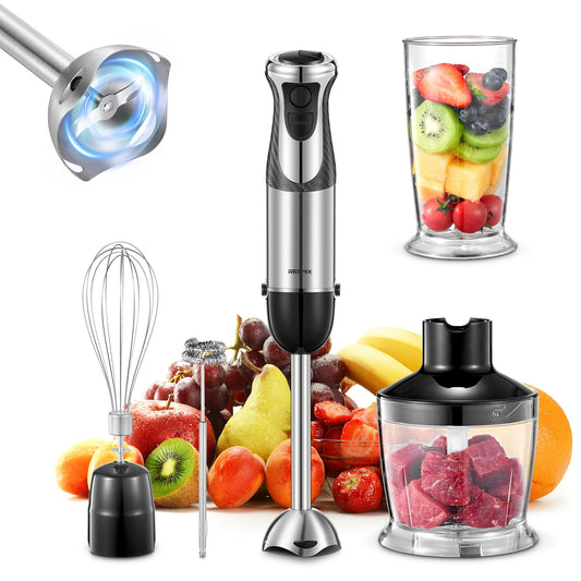 Licuadora de inmersión manual 5 en 1, de mano de 1000 W, con motor de cobre, barra de hoja de acero inoxidable, vaso de mezcla, procesador de alimentos, batidor, espumador de leche para batidos, puré