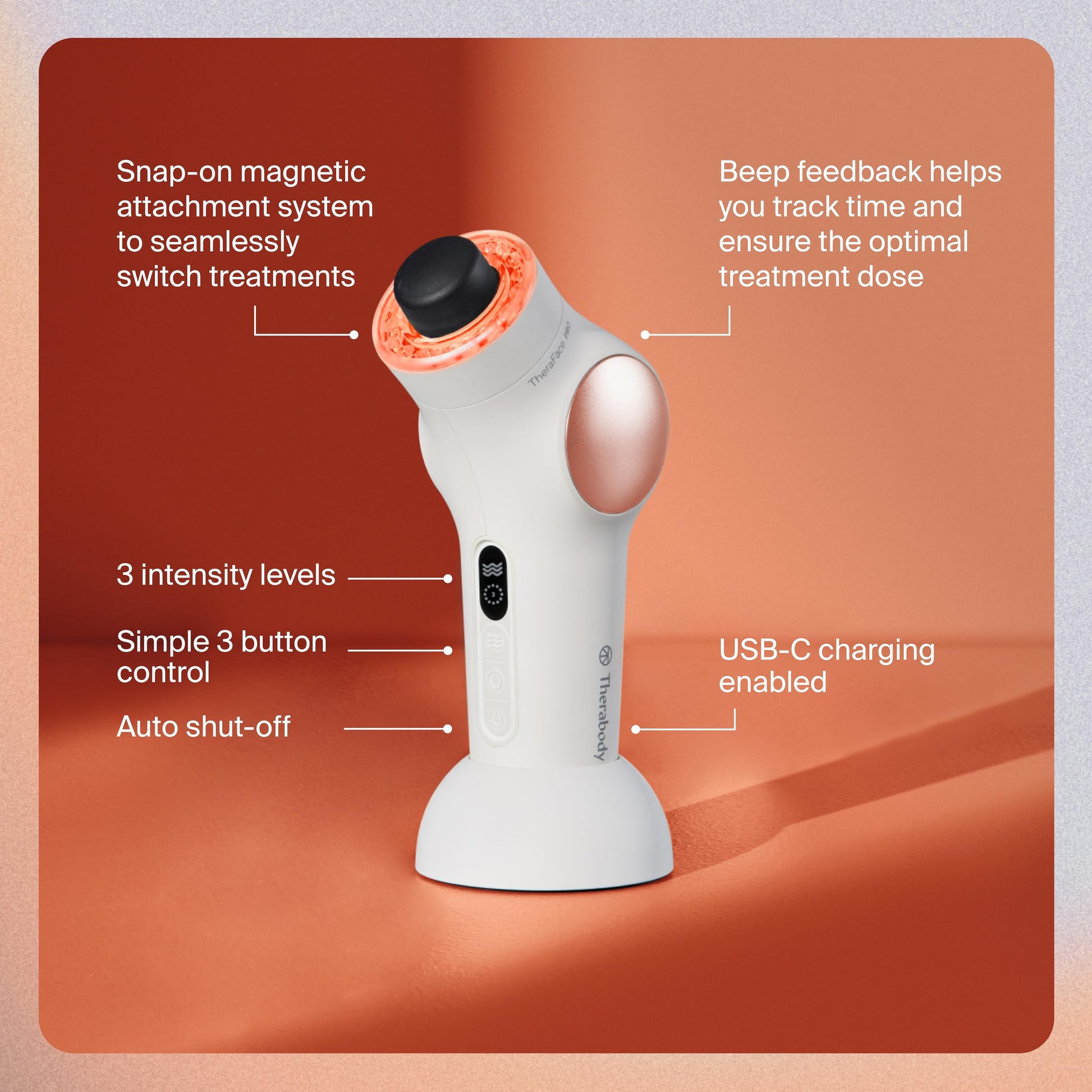 TheraFace PRO | Masaje de terapia percusiva 6 en 1 para el cuidado de la piel - Microcorriente - LED azul y rojo de Therabody - Blanco