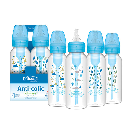 Dr. Brown's Opciones anticólicos + biberones estrechos, 0 m+ nivel 1 pezón – botella para reducir los cólicos, paquete de 4, 8 onzas, diseños Blue Nature