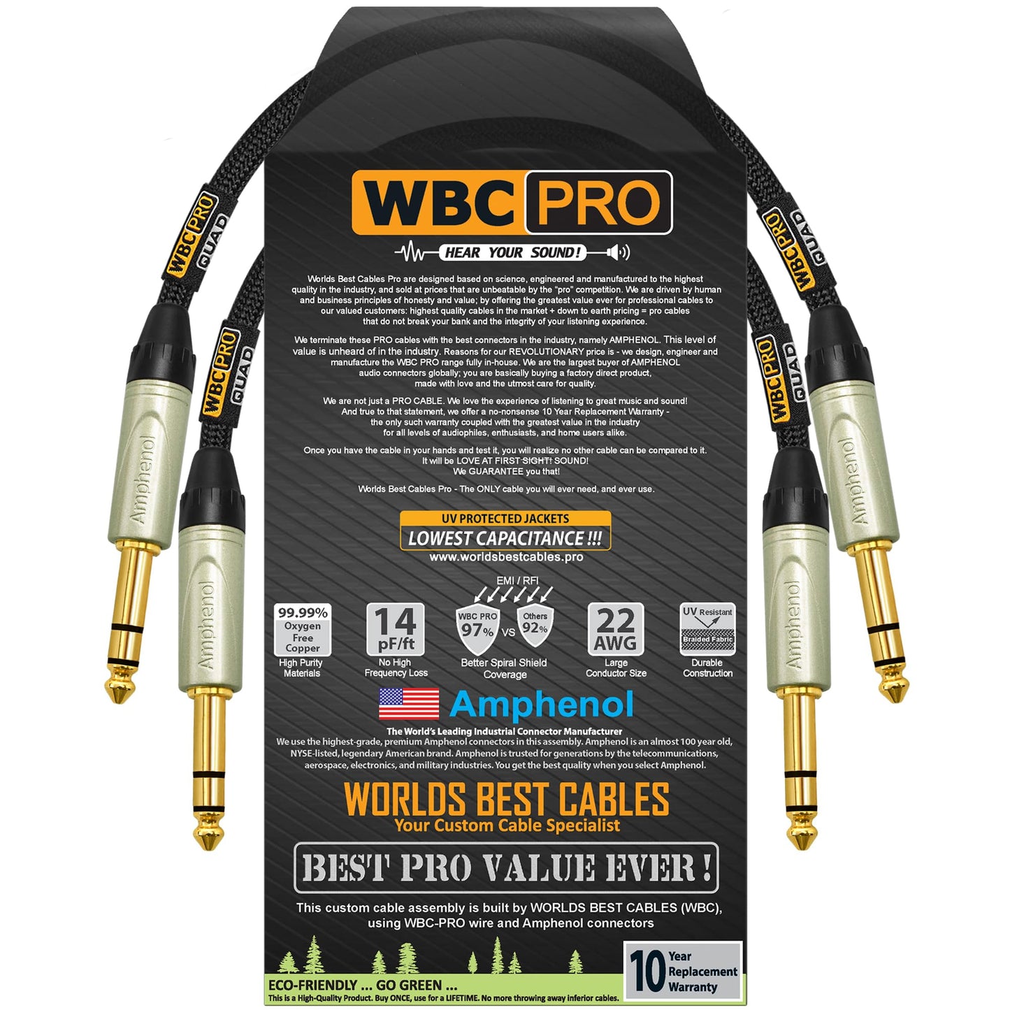 Cable Balanced Star-Quad WBC-PRO Negro Ultra Silencioso y Ultra Flexible con Conectores Amphenol de Oro TRS Stereo Phone ¼ Pulgadas 2 Unidades