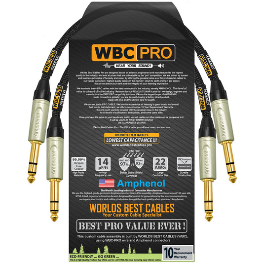 Cable Balanced Star-Quad WBC-PRO Negro Ultra Silencioso y Ultra Flexible con Conectores Amphenol de Oro TRS Stereo Phone ¼ Pulgadas 2 Unidades