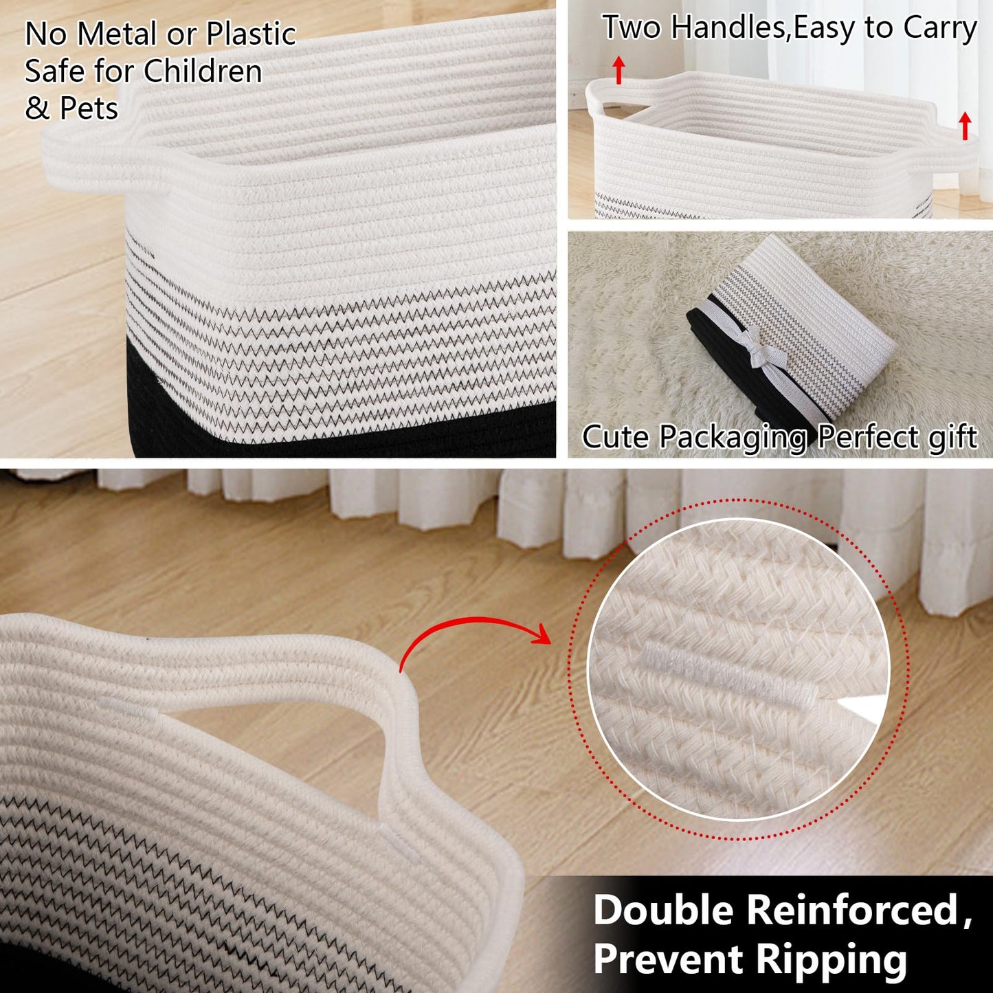 OIAHOMY Cesta de almacenamiento, cestas tejidas para almacenamiento, cesta de cuerda de algodón para juguetes, cestas de toallas para baño, paquete de 3, Degradado color negro