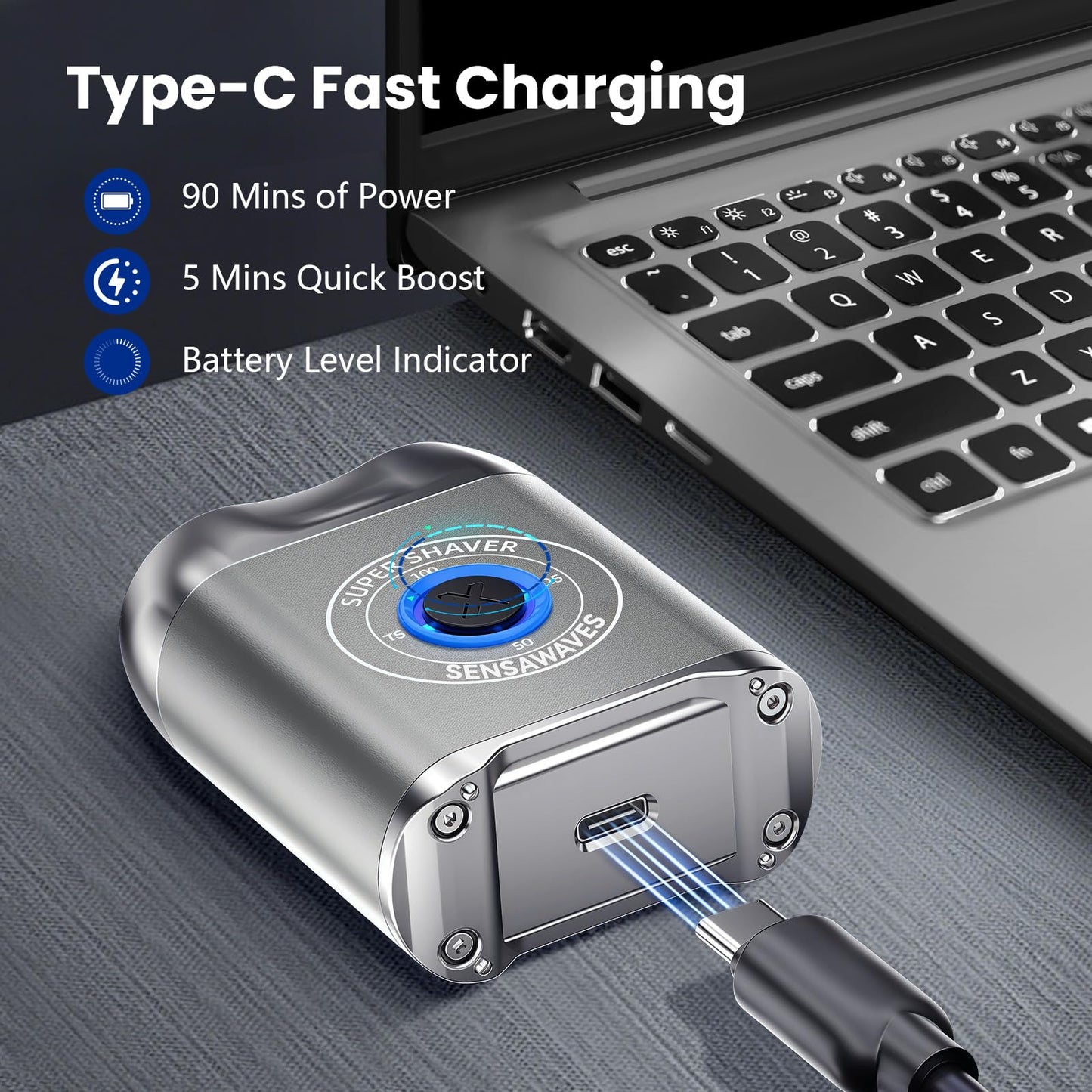 SensaWaves Mini afeitadora eléctrica, afeitadora portátil de aleación, afeitadora inalámbrica, recargable USB-C para hombres, afeitado en seco, IPX7 impermeable, cabezal desmontable, fácil limpieza
