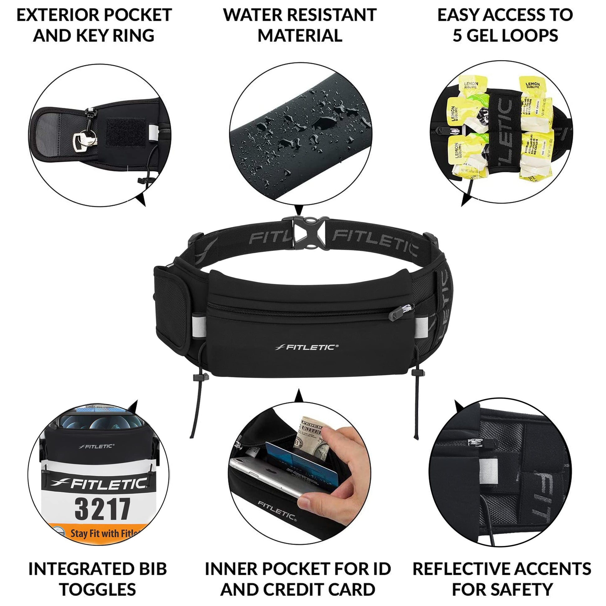 Fitletic cinturón de Running | Libre de Rebote Funda para Marathon único, triatlón, Ironman, Resistencia, Ciclismo, Trail, 10 K, 5 K | Patentado Ultimate II Race Cinturón, Negro/Azul, Talla única