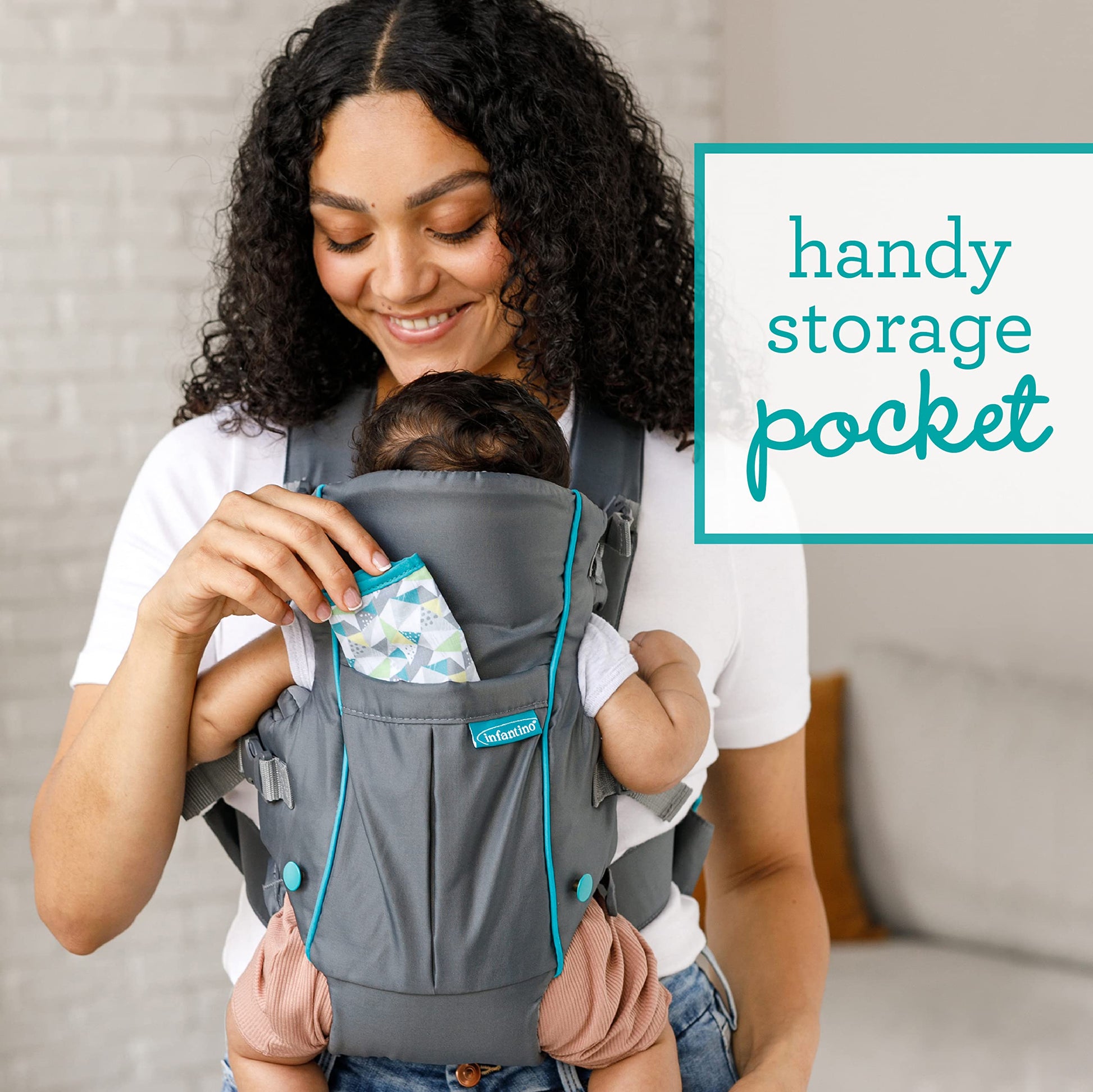 Infantino Swift - Portabebés clásico con bolsillo, 2 maneras de llevar gris con babero Wonder y bolsillo frontal de almacenamiento esencial, correa trasera ajustable, cara interior y exterior, material fácil de limpiar