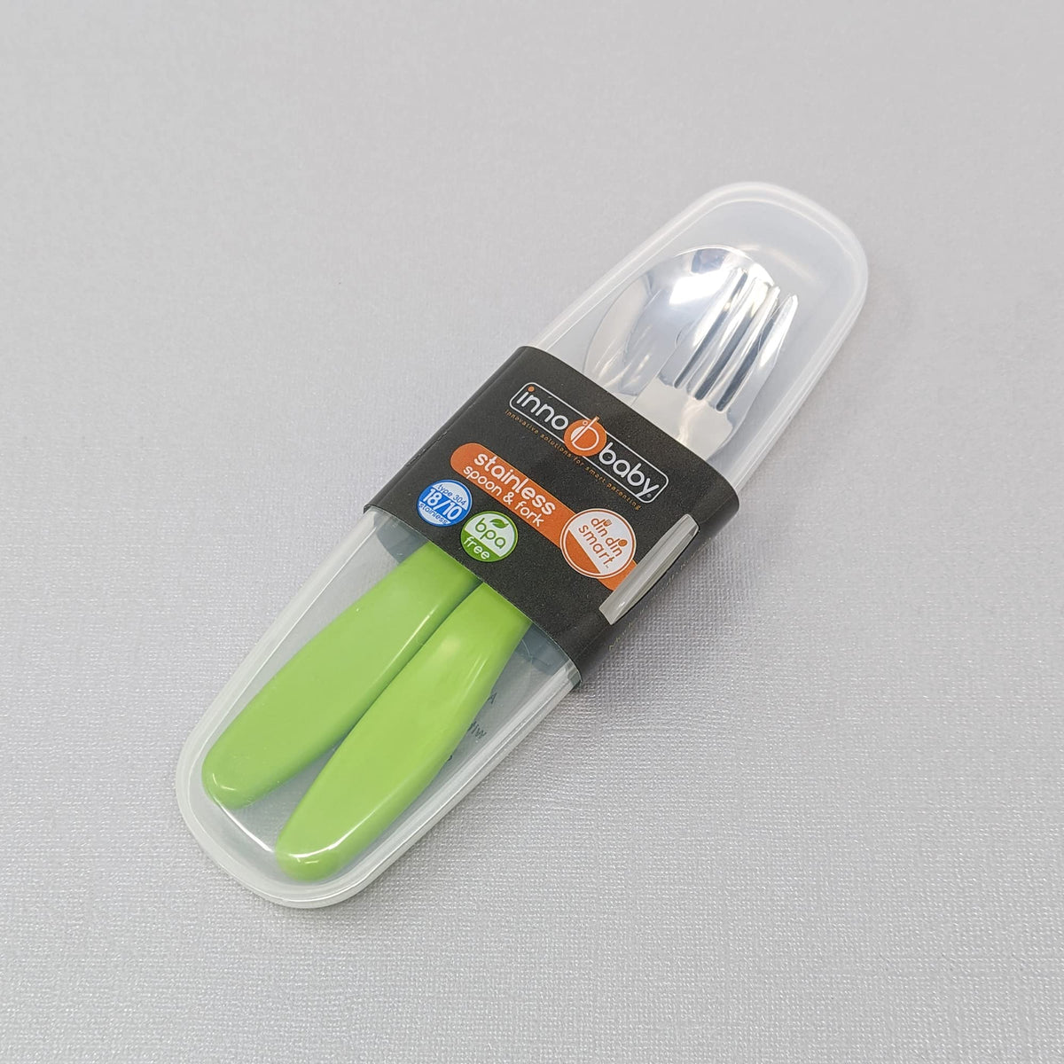 Innobaby Din Din Smart EZ Grip Cuchara y tenedor con estuche de transporte, juego de utensilios para niños y niños, sin BPA (verde)