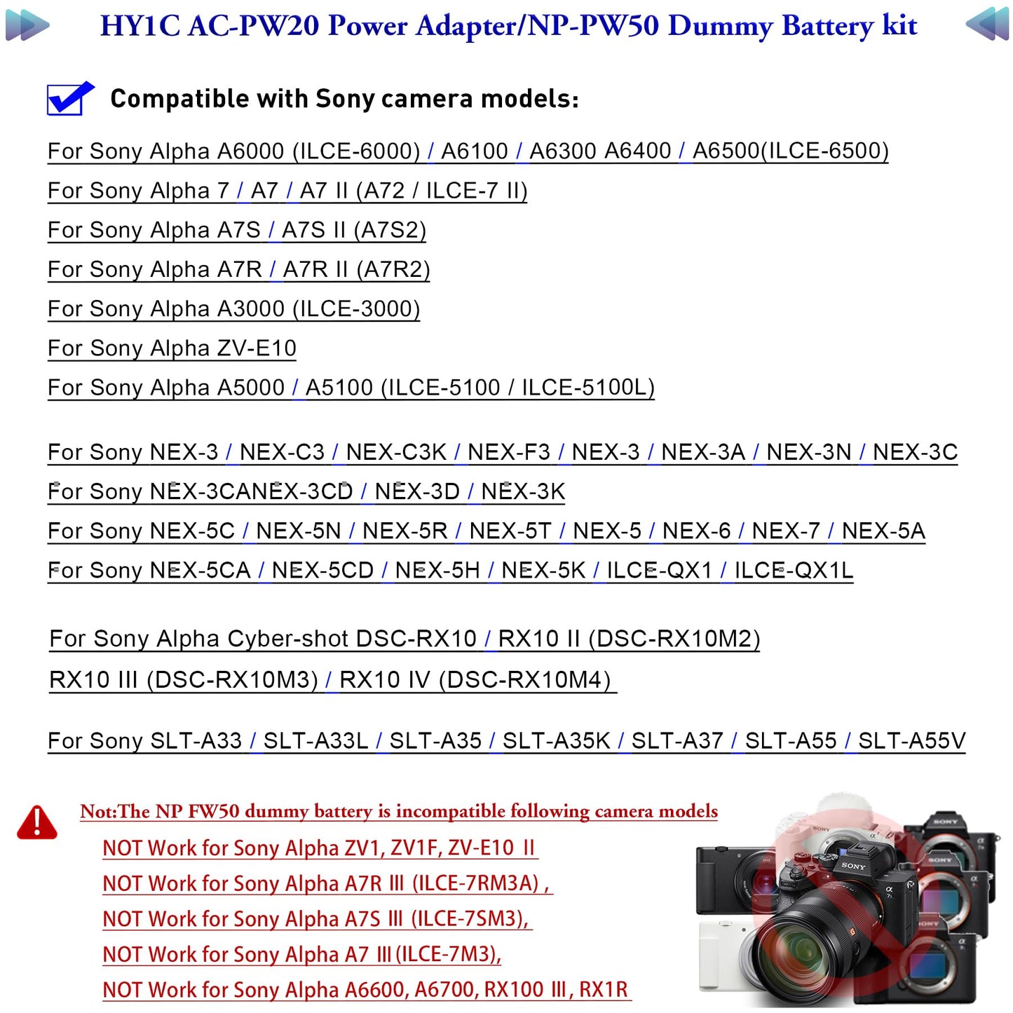 HY1C AC-PW20 CA Adaptador Alimentación Kit Reemplazo NP-FW50 Batería para Sony Alpha A6000 A6100 A6300 A6400 A6500 A5100 ZV-E10 A7 A7II A7SII A7RII A7S A7R Cámaras