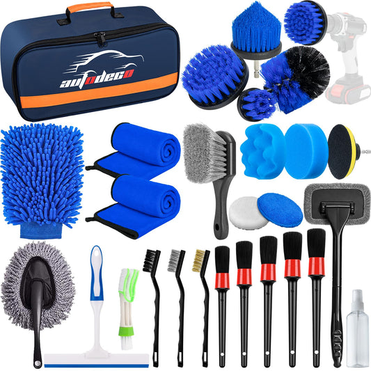 AUTODECO - Juego de 27 cepillos para detalles de coche, kit de detalles de coche, juego de cepillos de taladro para detalles automáticos, kit de herramientas de limpieza de lavado de automóviles para interiores, exteriores, ruedas, azul