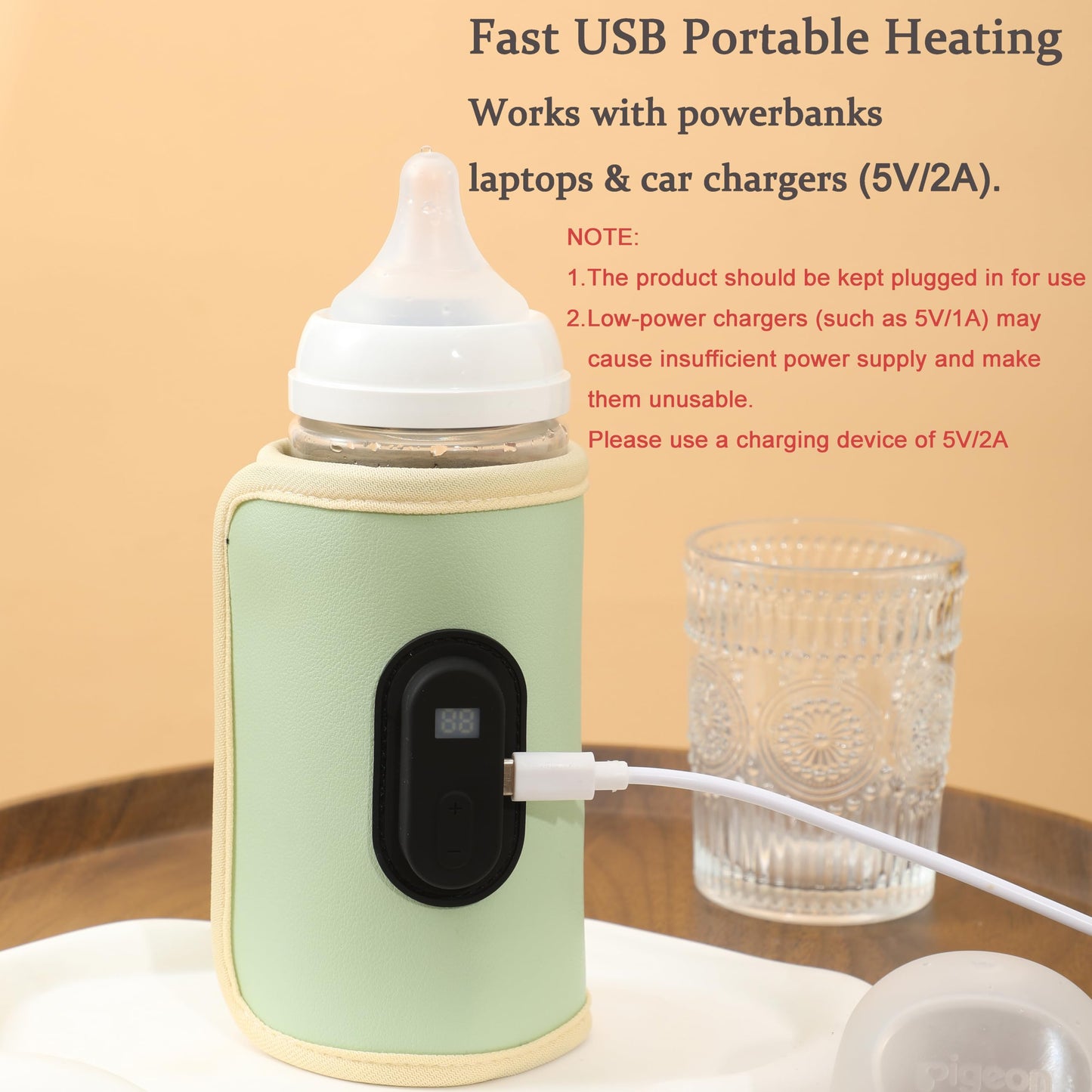 ZONV Calentador de biberones, mantiene la leche caliente (no calienta), funda térmica portátil USB digital con 20 temperaturas, pantalla digital y 20 ajustes de temperatura (verde)