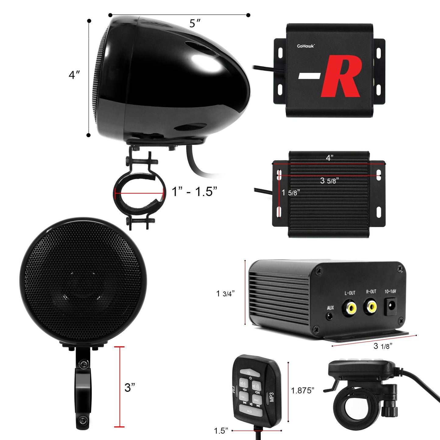 GoHawk TN4-R - Amplificador de 10 cm, rango completo, impermeable, Bluetooth, bocinas estéreo para motocicleta, de 1 a 1.5 pulgadas (2.5 a 4 cm) Sistema de amplificador de audio para montaje en manubrio Harley Touring Cruiser ATV UTV RZR, AUX, Radio FM (T