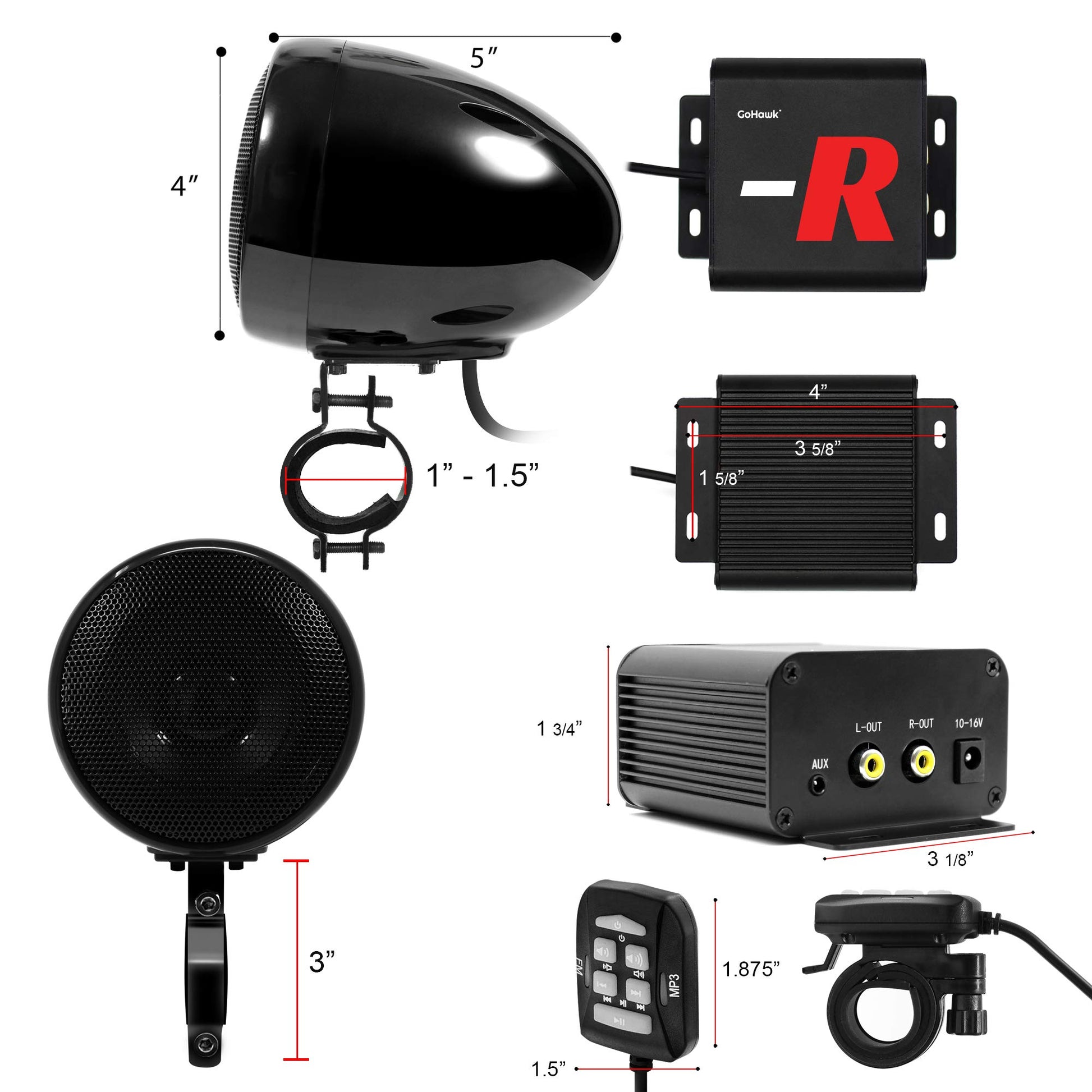 GoHawk TN4-R - Amplificador de 10 cm, rango completo, impermeable, Bluetooth, bocinas estéreo para motocicleta, de 1 a 1.5 pulgadas (2.5 a 4 cm) Sistema de amplificador de audio para montaje en manubrio Harley Touring Cruiser ATV UTV RZR, AUX, Radio FM (T