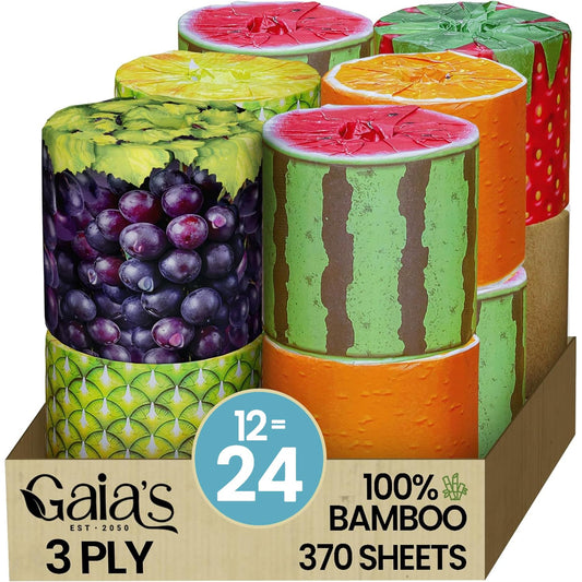 Papel Higiénico Gaias Bambú Orgánico Frutas Alta Calidad 12 Mega Rollos Respetuoso con el Medio Ambiente