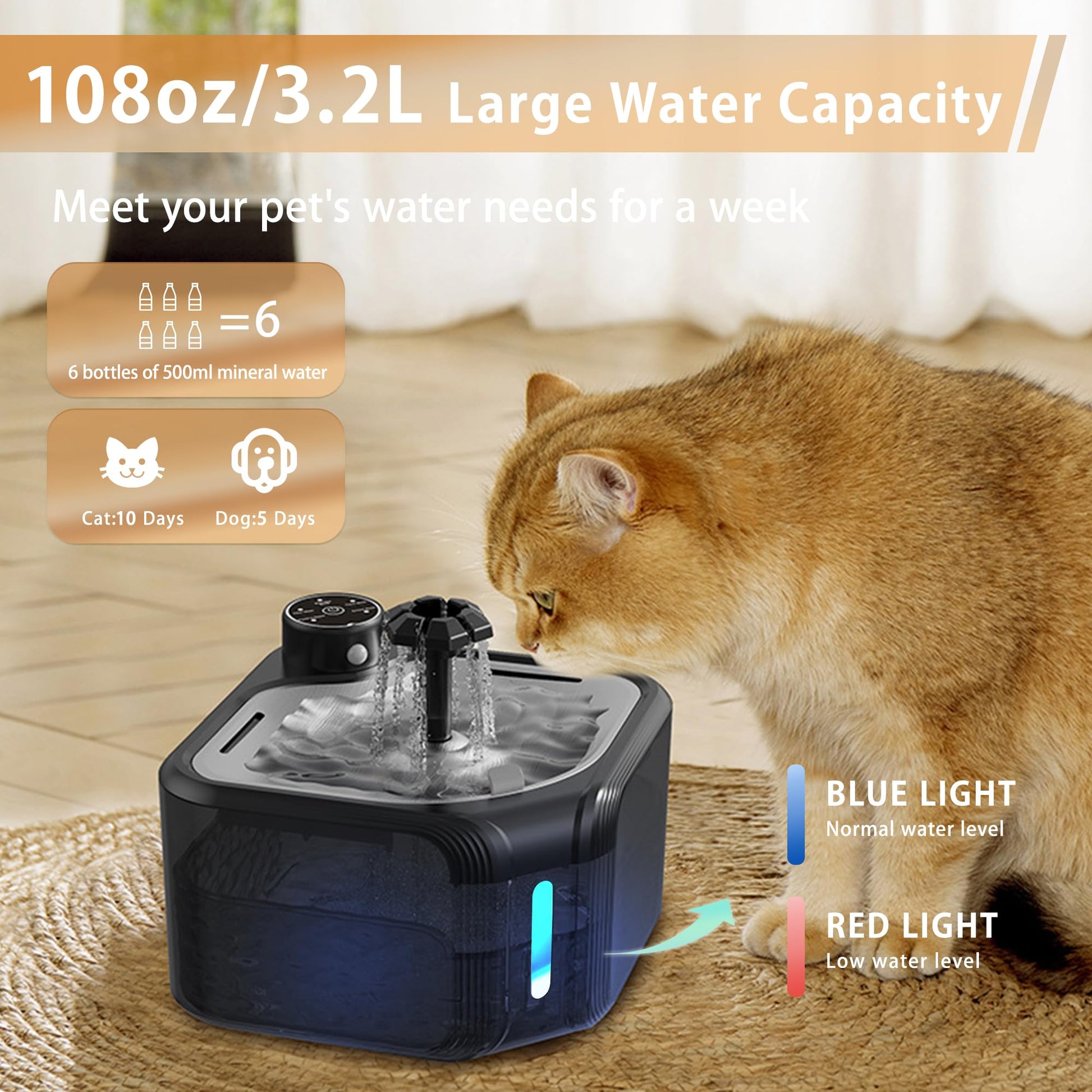 Fuente de agua inalámbrica para gatos con paquete de 4 filtros de repuesto de 94 oz/2.8 l, inalámbrica, funciona con pilas, con bandeja de acero inoxidable, dispensador automático de agua para gatos y