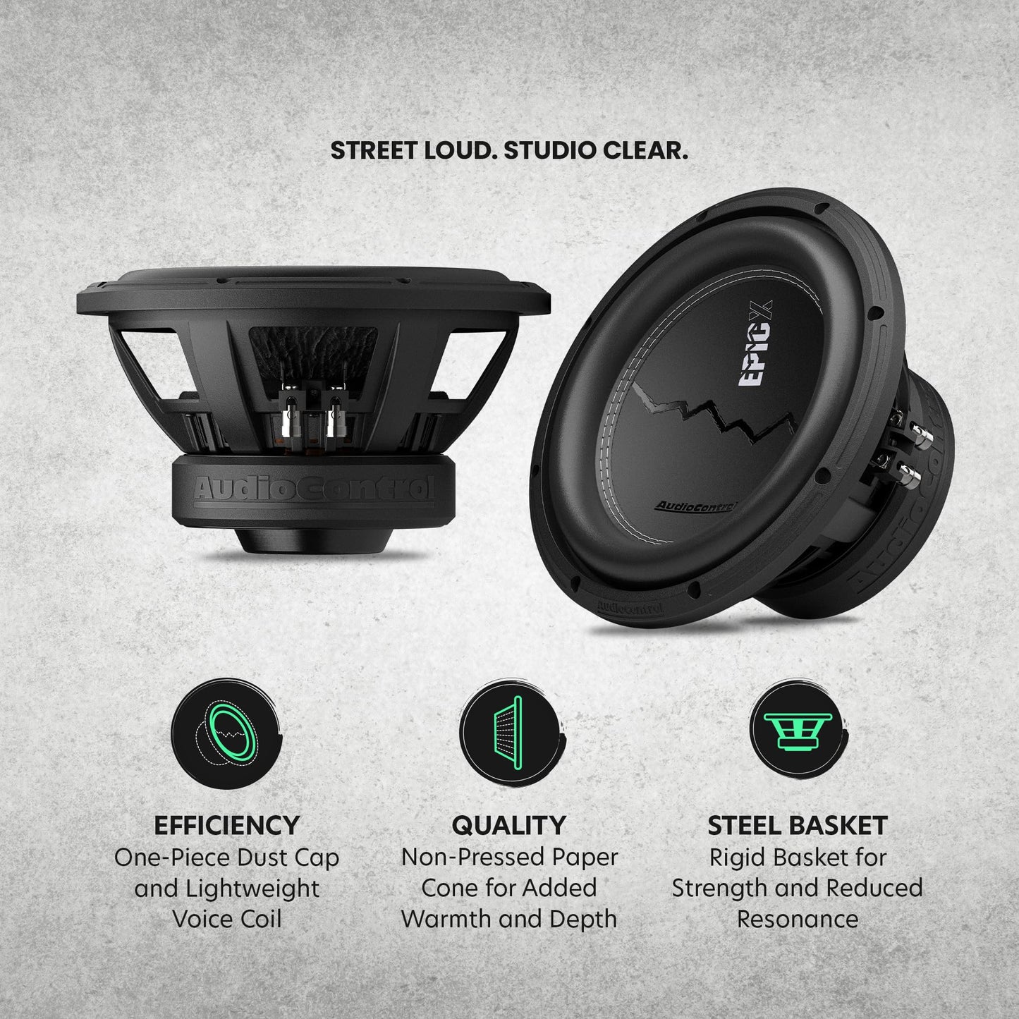 AudioControl EPICX Series - Altavoz de subwoofer para coche de 10 pulgadas, potencia máxima de 750 W (500 W RMS), bobinas de voz duales de 4 ohmios, subwoofer Loud Pro StreetBass para sistema de audio