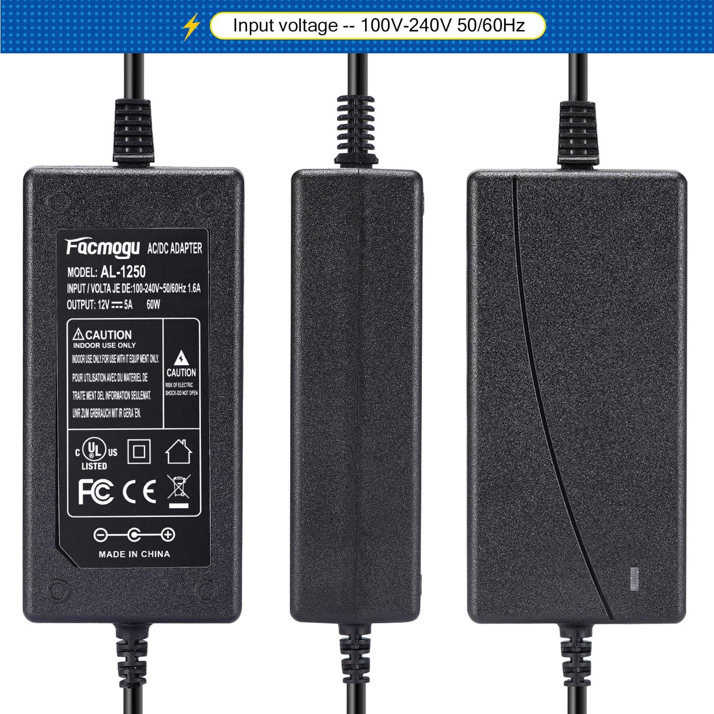 12V 5A Power Adapter AC 100-220V to DC 60W Power Supply US Plug Switching PC Power Cord for LCD Monitor LED Strip Light DVR NVR Security Cameras System CCTV Accessories