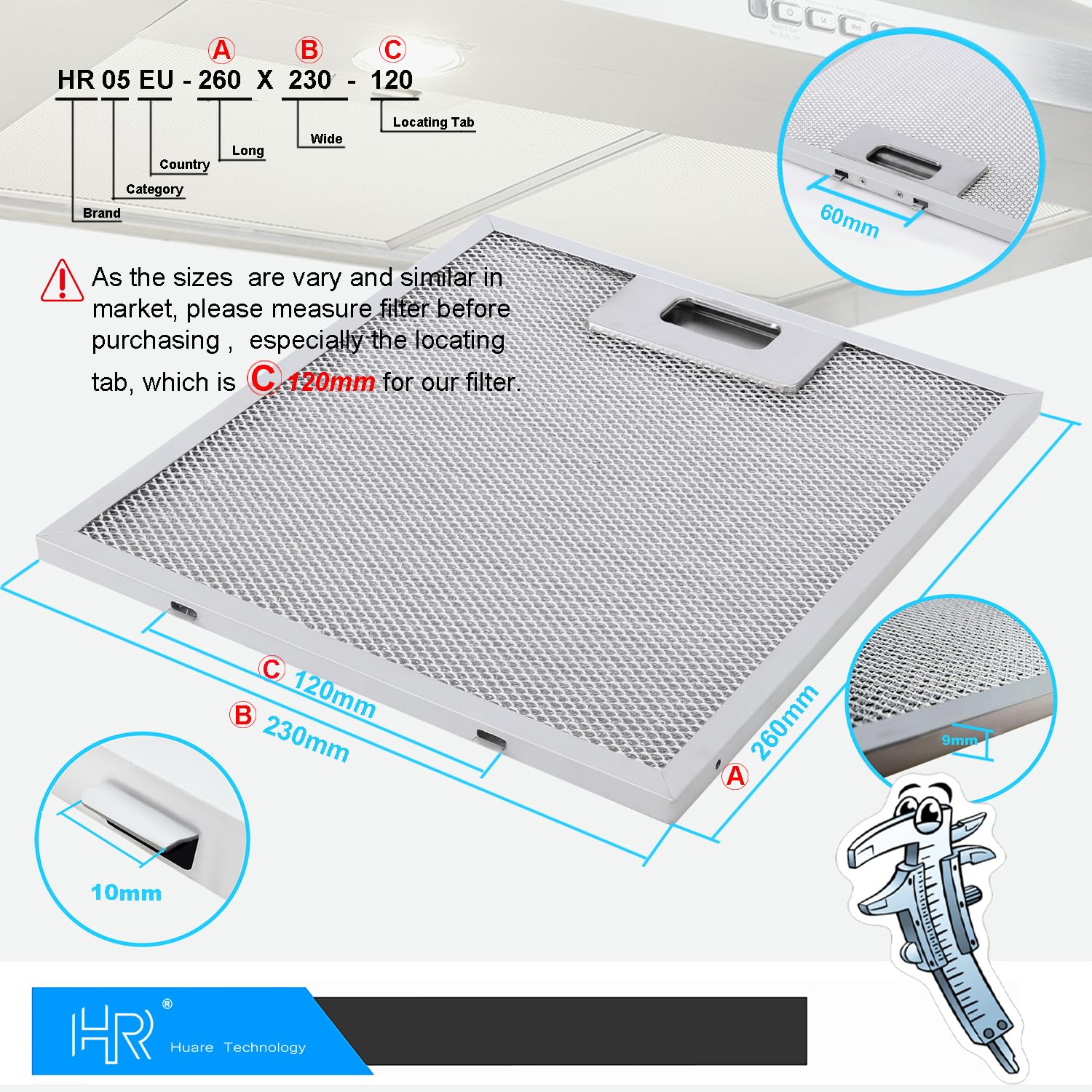 Filtro de campana de repuesto actualizado de 9 x 10.25 pulgadas (230 x 260 mm) 4 capas S97018029 filtro de rejilla de aluminio, filtro de grasa HR Huare Technology, compatible con Broan B5 Series,