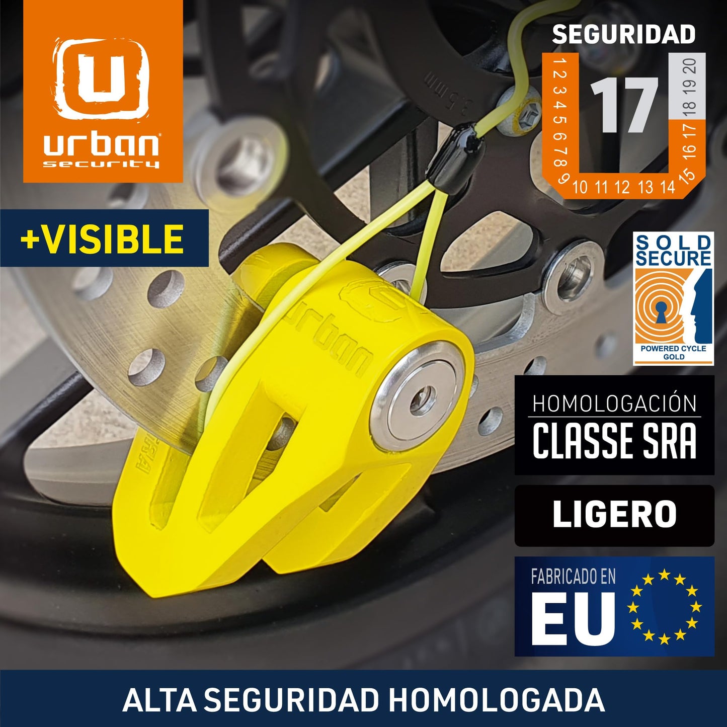 Candado para Moto Urban UR210Y Amarillo con Doble Cierre y Homologación Classe SRA