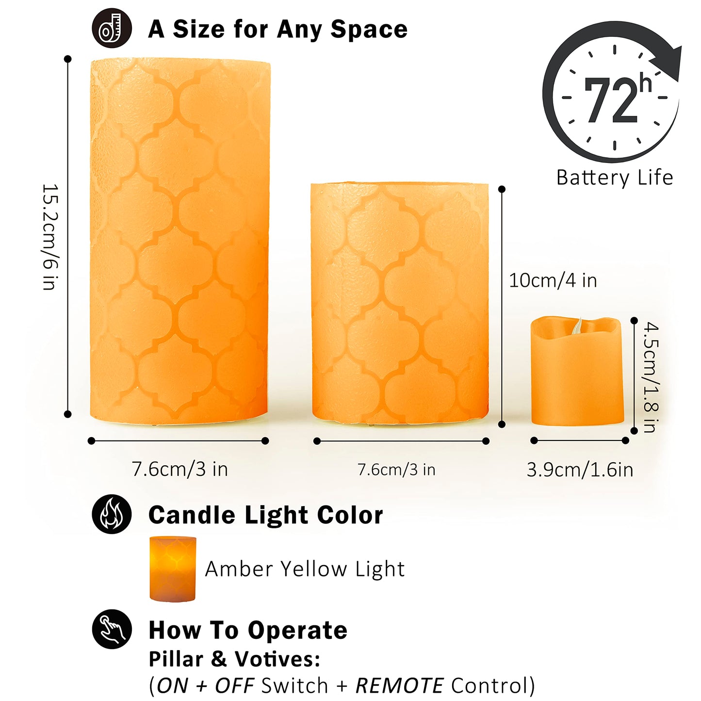 Furora Lighting - Velas LED de cera real, control remoto y temporizador, paquete de 8 (4 pilares y 4 votivas), velas sin llama con parpadeo para el hogar, incluye pilas, naranja, (Orange Nordic)