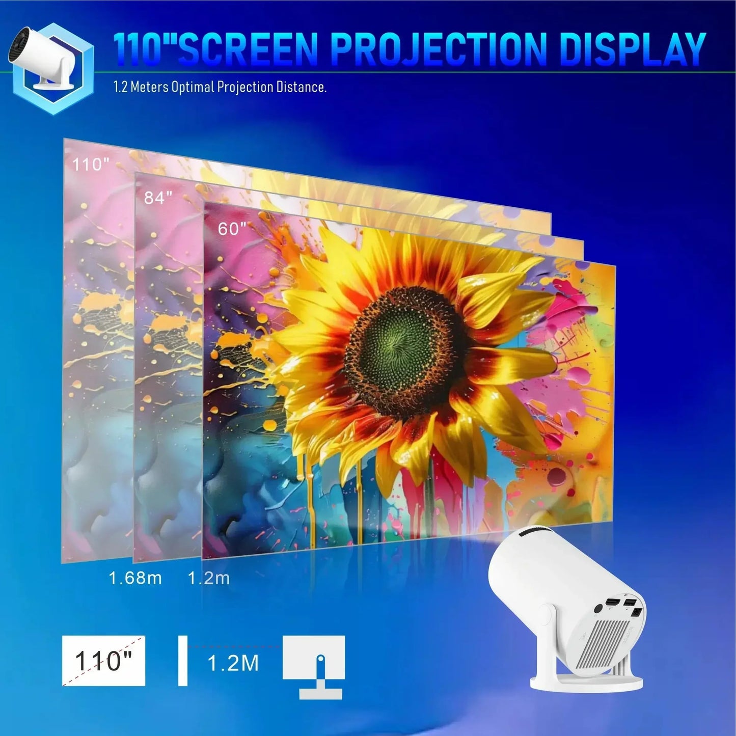 Mini proyector 4K Smart Home Cinema con Android 11, WiFi6 2.4/5G, Bluetooth5.4, corrección trapezoidal coche, rotación 180°, pantalla 130 pulgadas para teléfono/PC/Lap