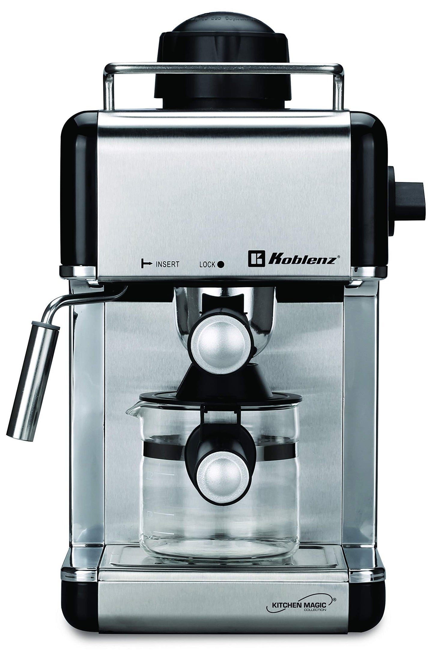 Koblenz Cafetera Espresso y Cappuccino, 4 Tazas, 3.5 Bares de Presión, Potencia de 800 W, Sistema de Espuma para Café Cappuccino, Color Negro con Acero Inoxidable, CKM-650 EIN, 00-0603-00-1