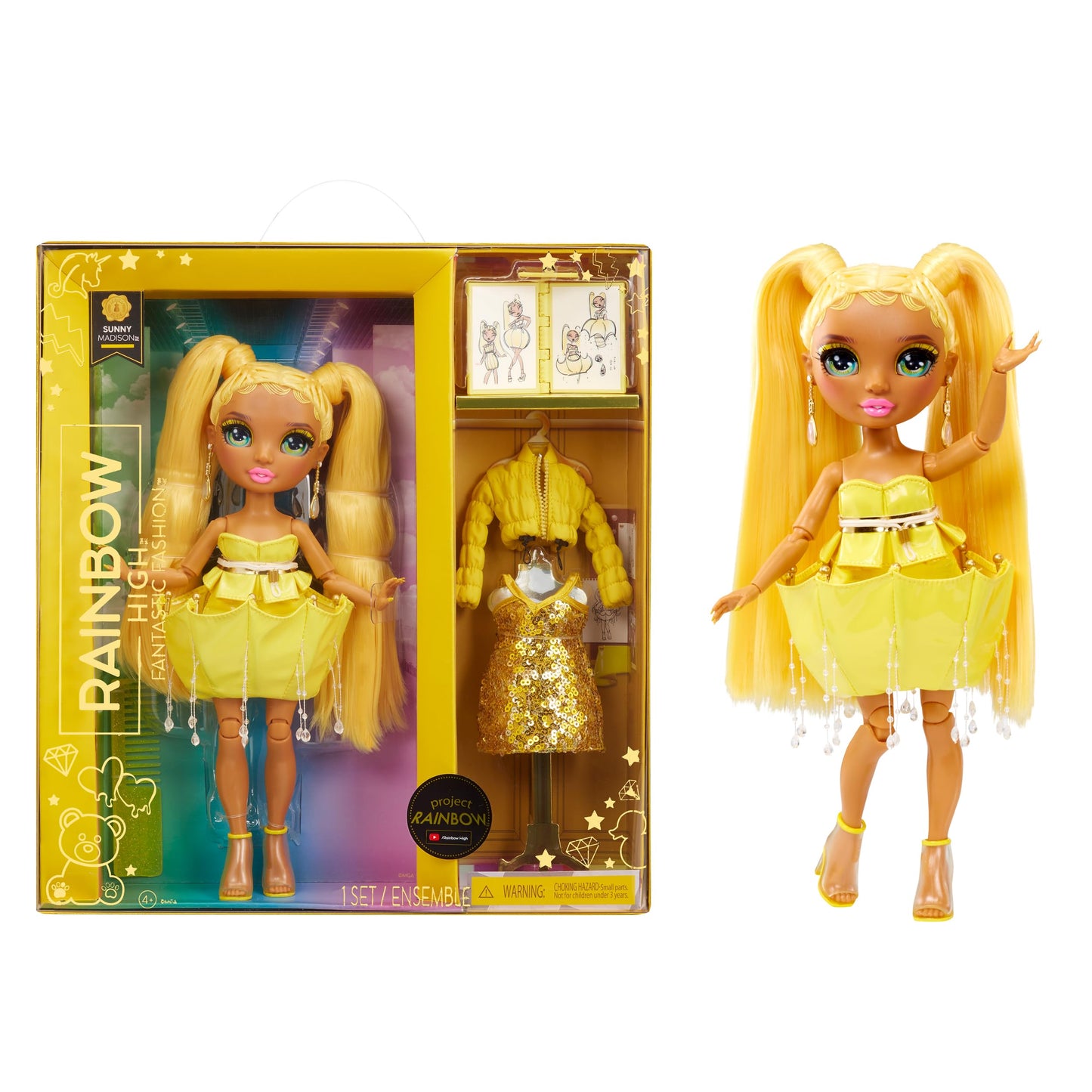 Muñeca Fantastic Fashion Rainbow High Amarilla con 2 Outfits y Accesorios para Personalizar