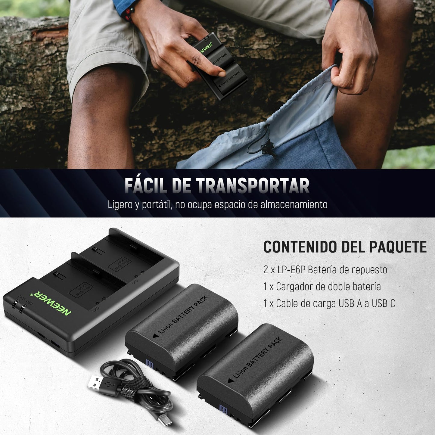 Paquete de 2 Baterías de Repuesto NEEWER LP-E6P/LP-E6NH/LP-E6N/LP-E6 Compatible con Canon EOS R5 R6 R7 5D II III IV 6D II y Cargador Dual USB