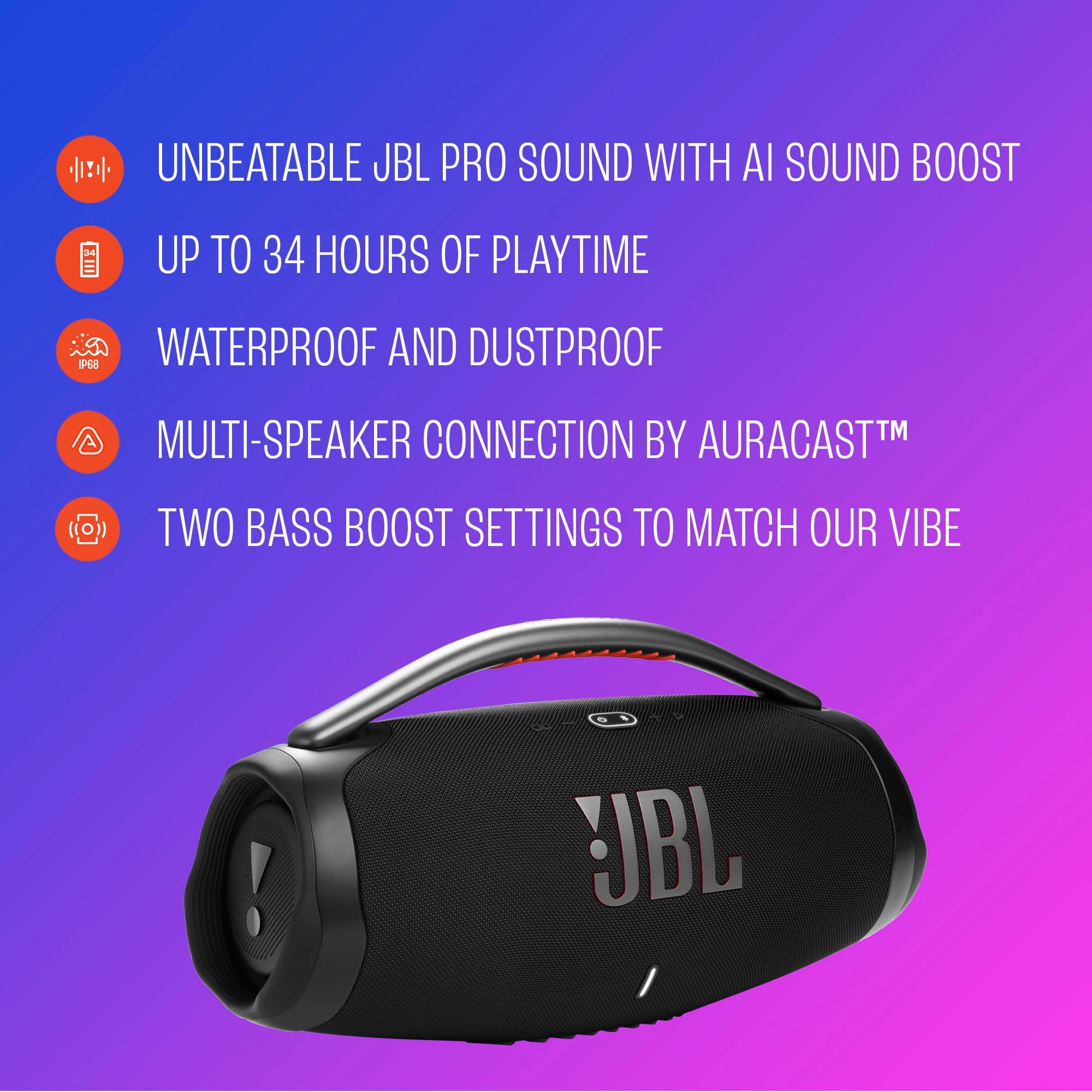 JBL Boombox 4 Bocina Portátil Bluetooth con Sonido Pro (AI Sound Boost), Resistente al Agua y Polvo IP68, hasta 34 Horas de reproducción, Auracast - Squad